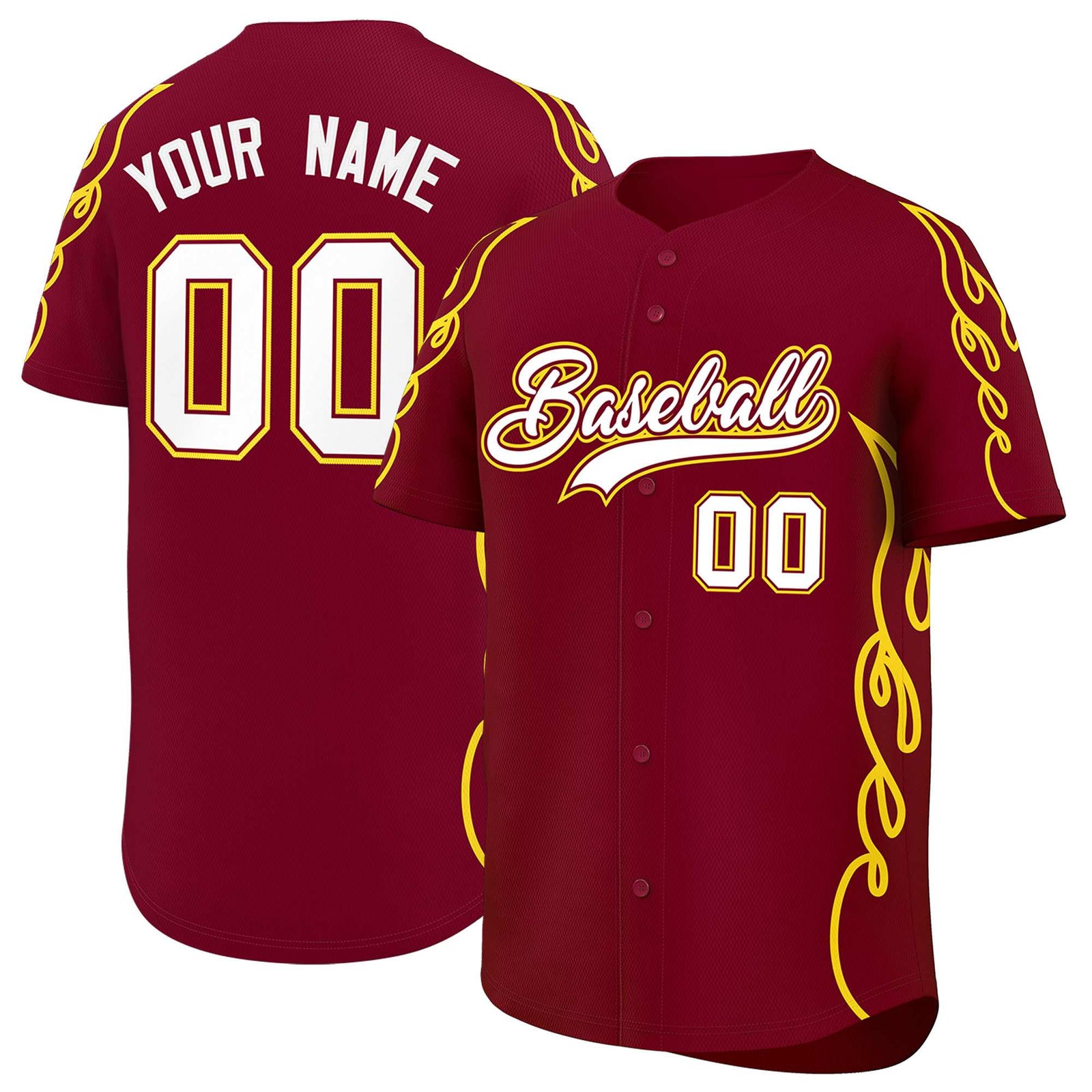 Custom Crimson Gold Side Flame Outline Pattern Sports Uniform Basetball Jersey