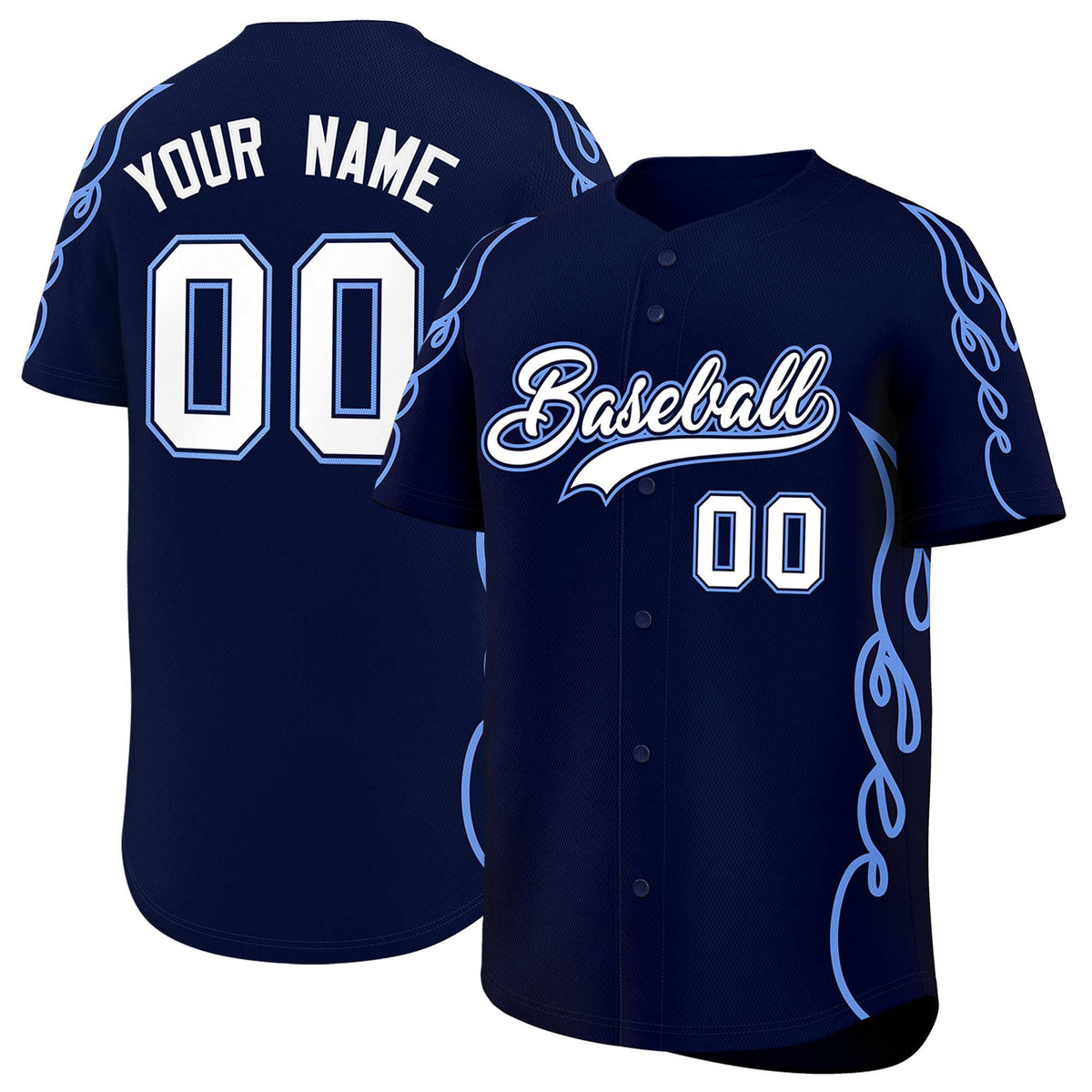 Custom Navy Light Blue Side Flame Outline Pattern Sports Uniform Basetball Jersey