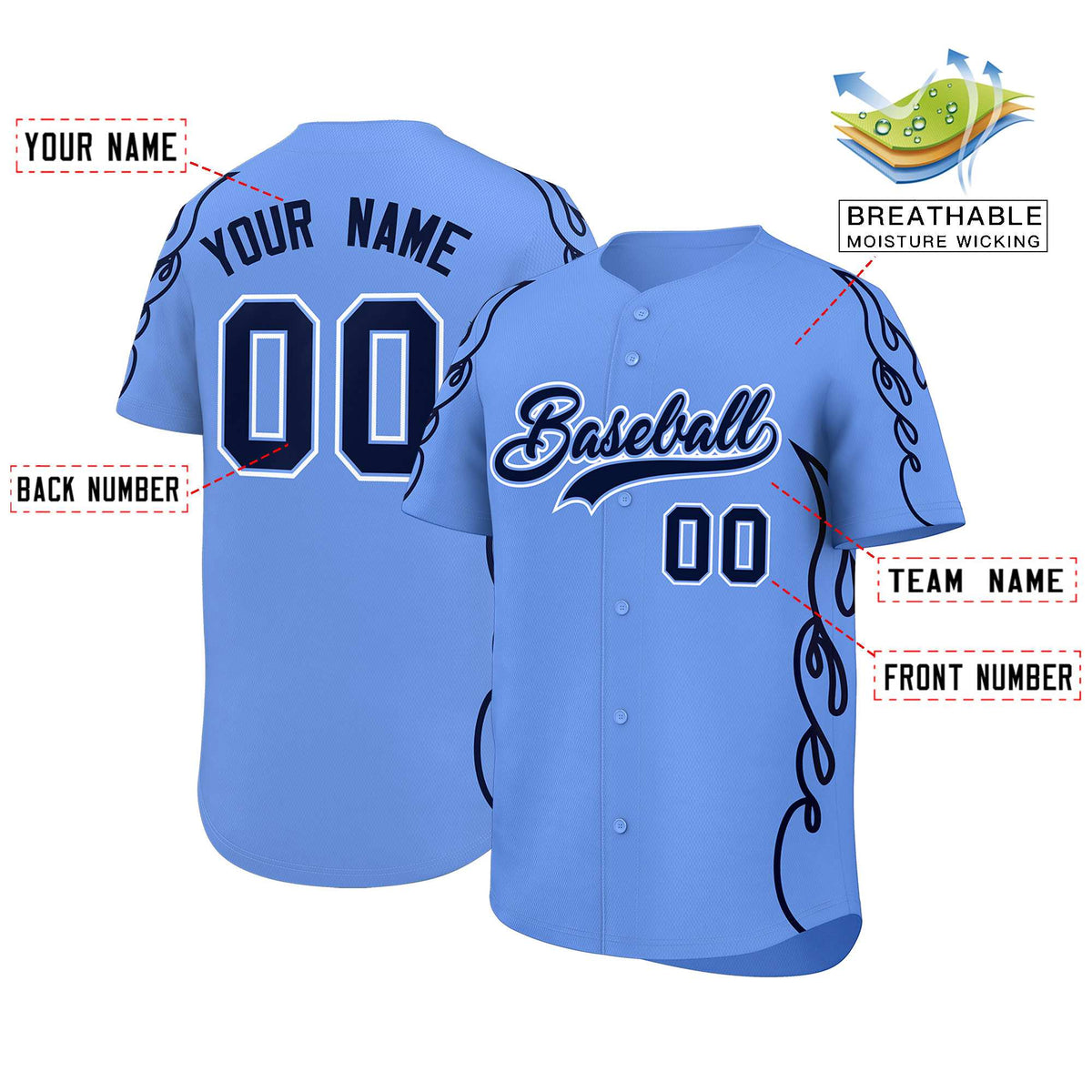 Custom Light Blue Navy Side Flame Outline Pattern Sports Uniform Basetball Jersey