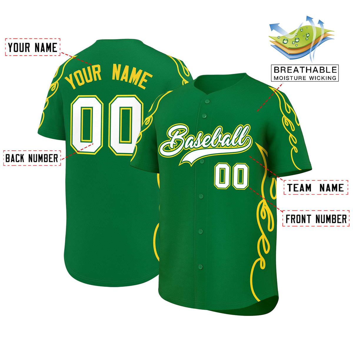 Custom Kelly Green Gold Side Flame Outline Pattern Sports Uniform Basetball Jersey