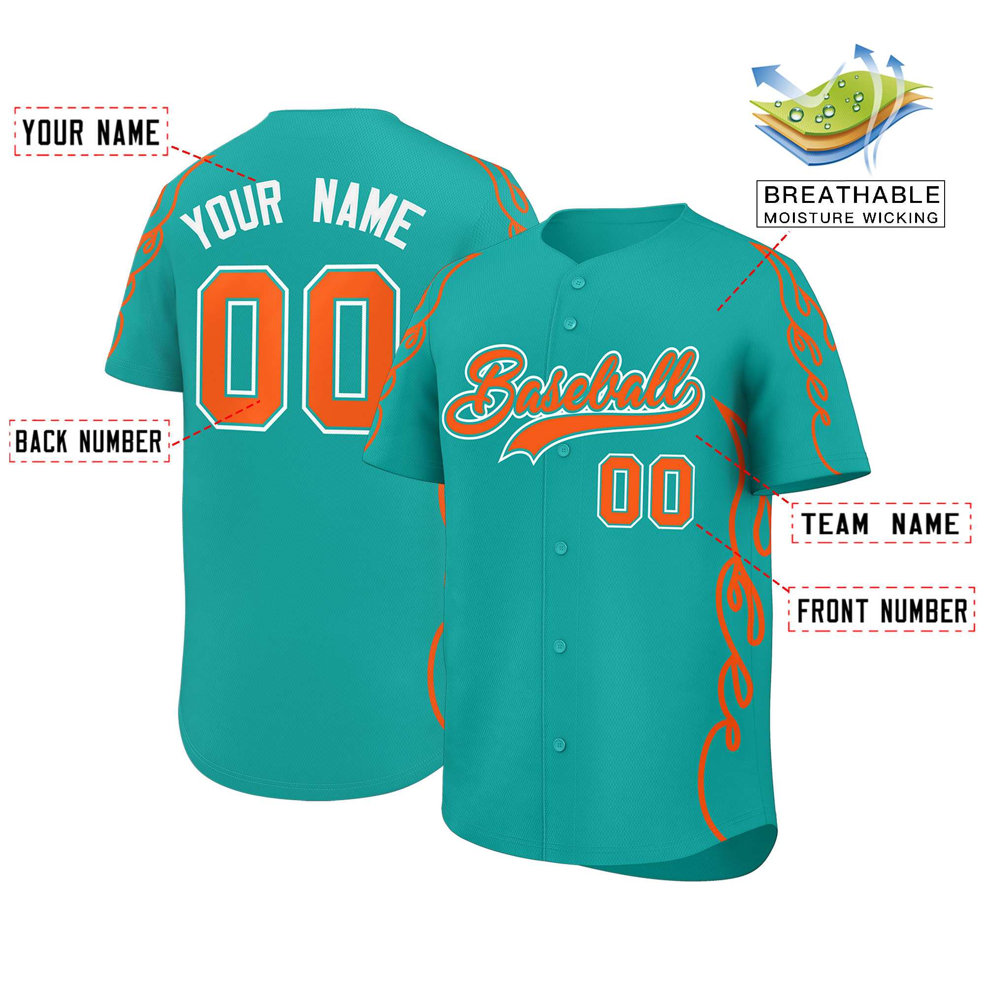 Custom Aqua Orange Side Flame Outline Pattern Sports Uniform Basetball Jersey