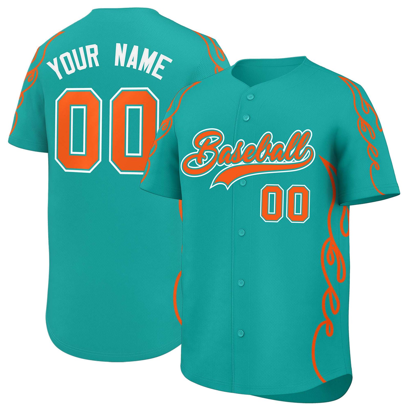 Custom Aqua Orange Side Flame Outline Pattern Sports Uniform Basetball Jersey