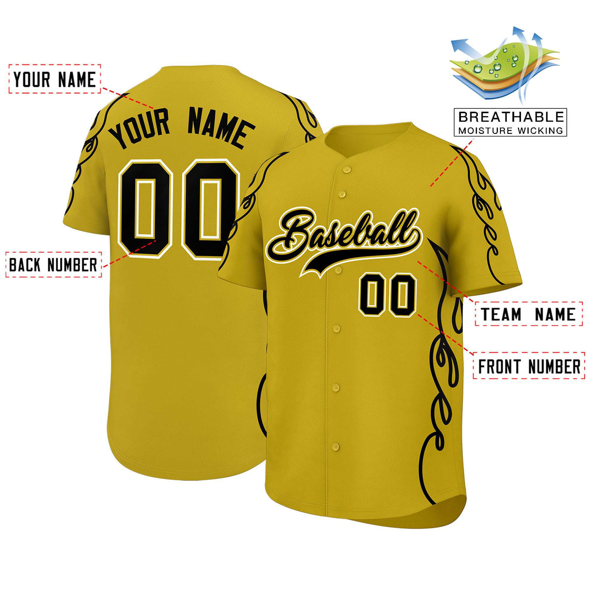 Custom Old Gold Black Side Flame Outline Pattern Sports Uniform Basetball Jersey