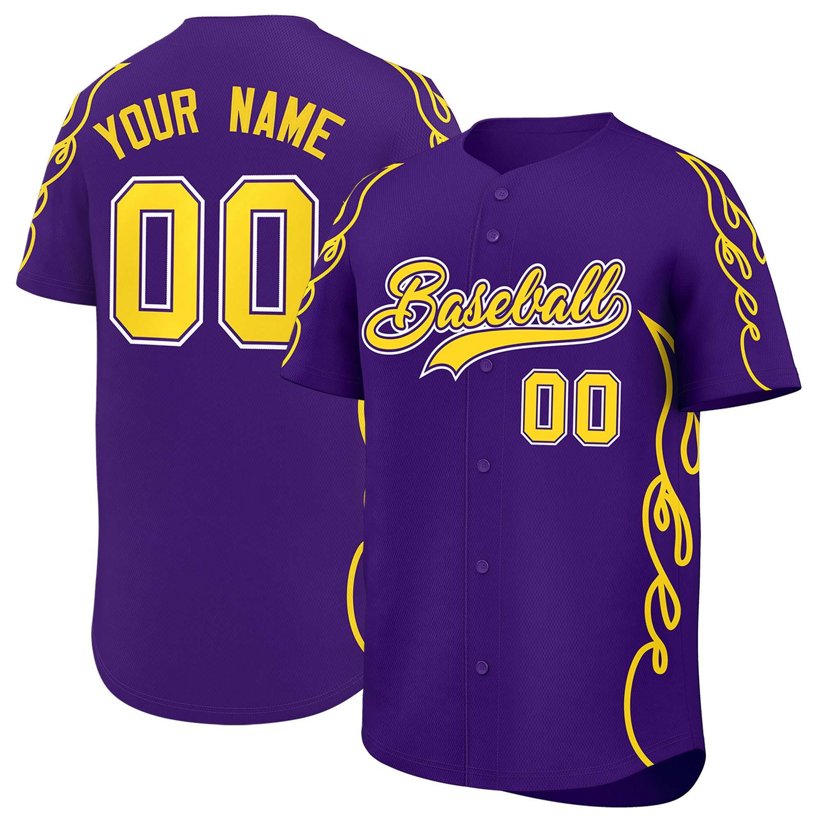 Custom Purple Gold Side Flame Outline Pattern Sports Uniform Basetball Jersey