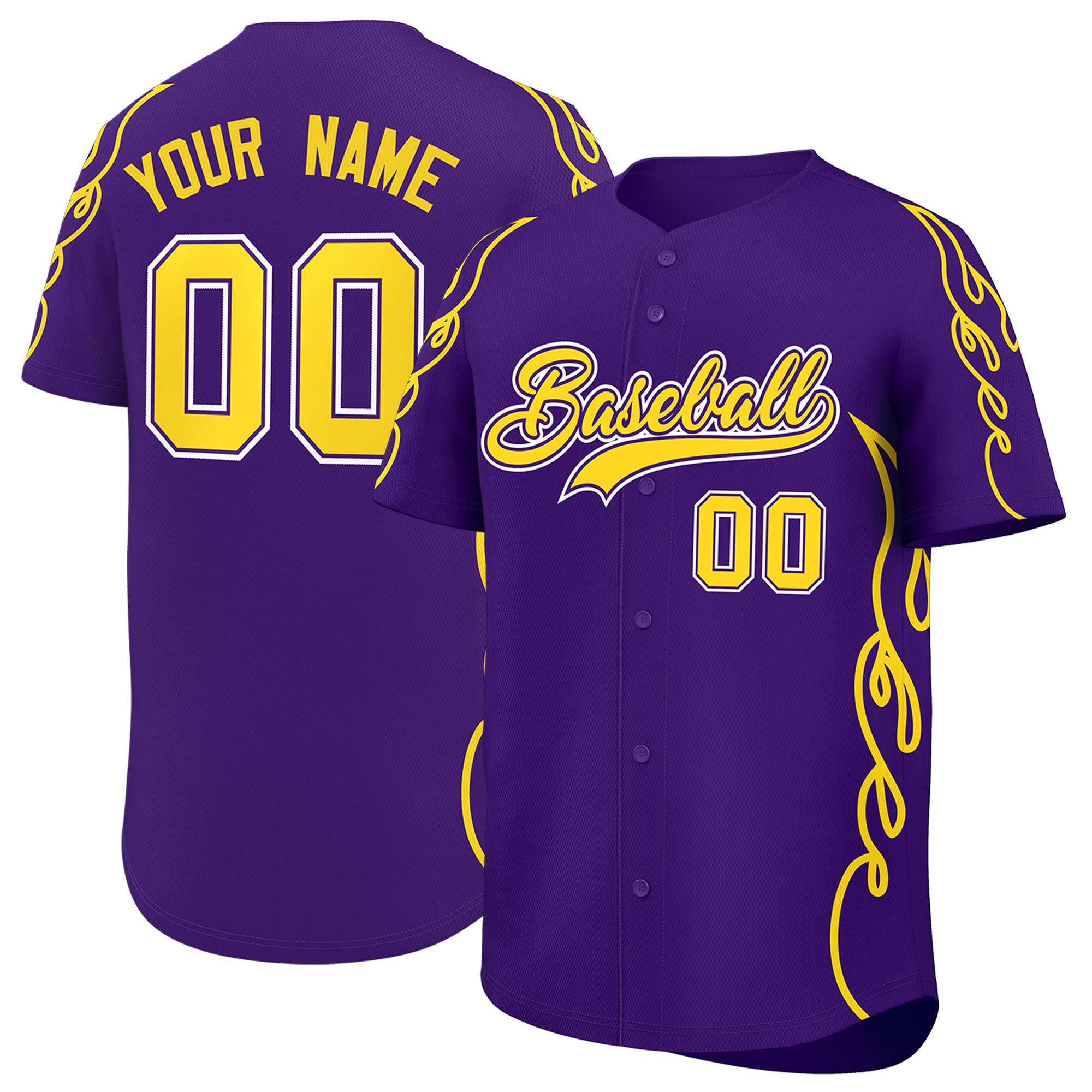 Custom Purple Gold Side Flame Outline Pattern Sports Uniform Basetball Jersey