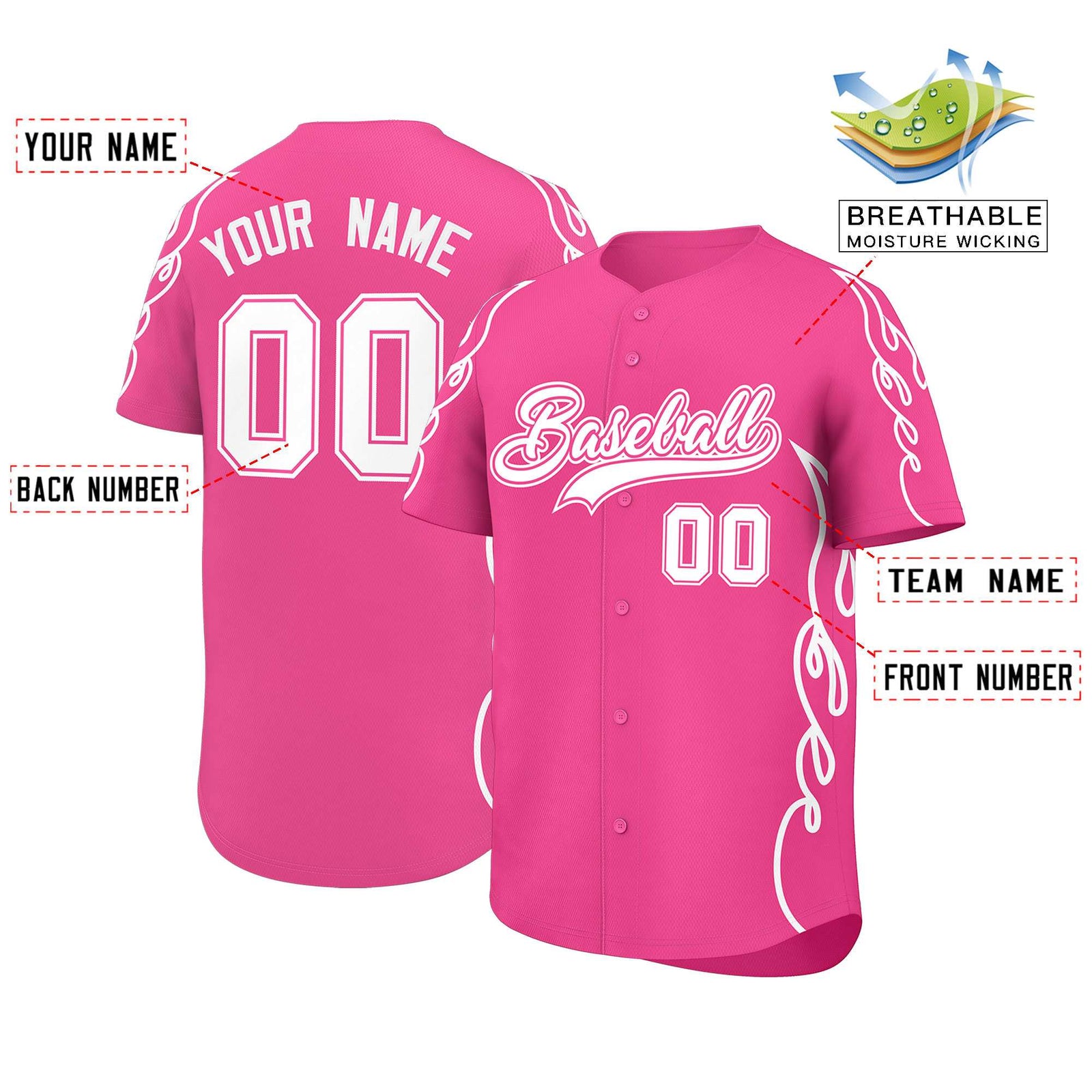 Custom Pink White Side Flame Outline Pattern Sports Uniform Basetball Jersey