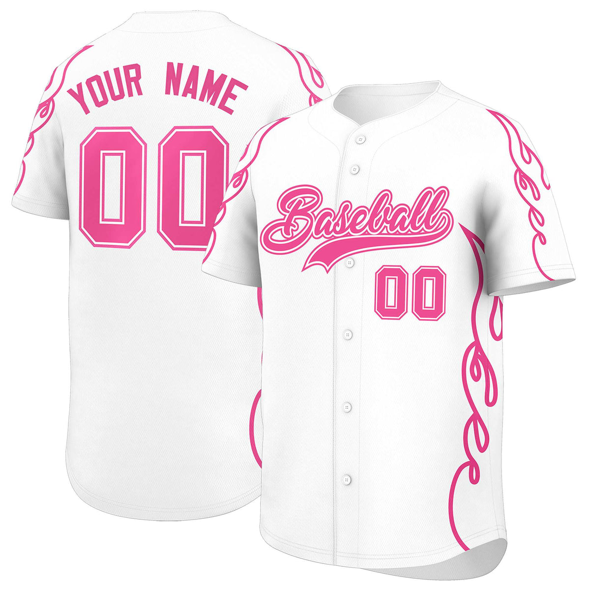 Custom White Pink Side Flame Outline Pattern Sports Uniform Basetball Jersey