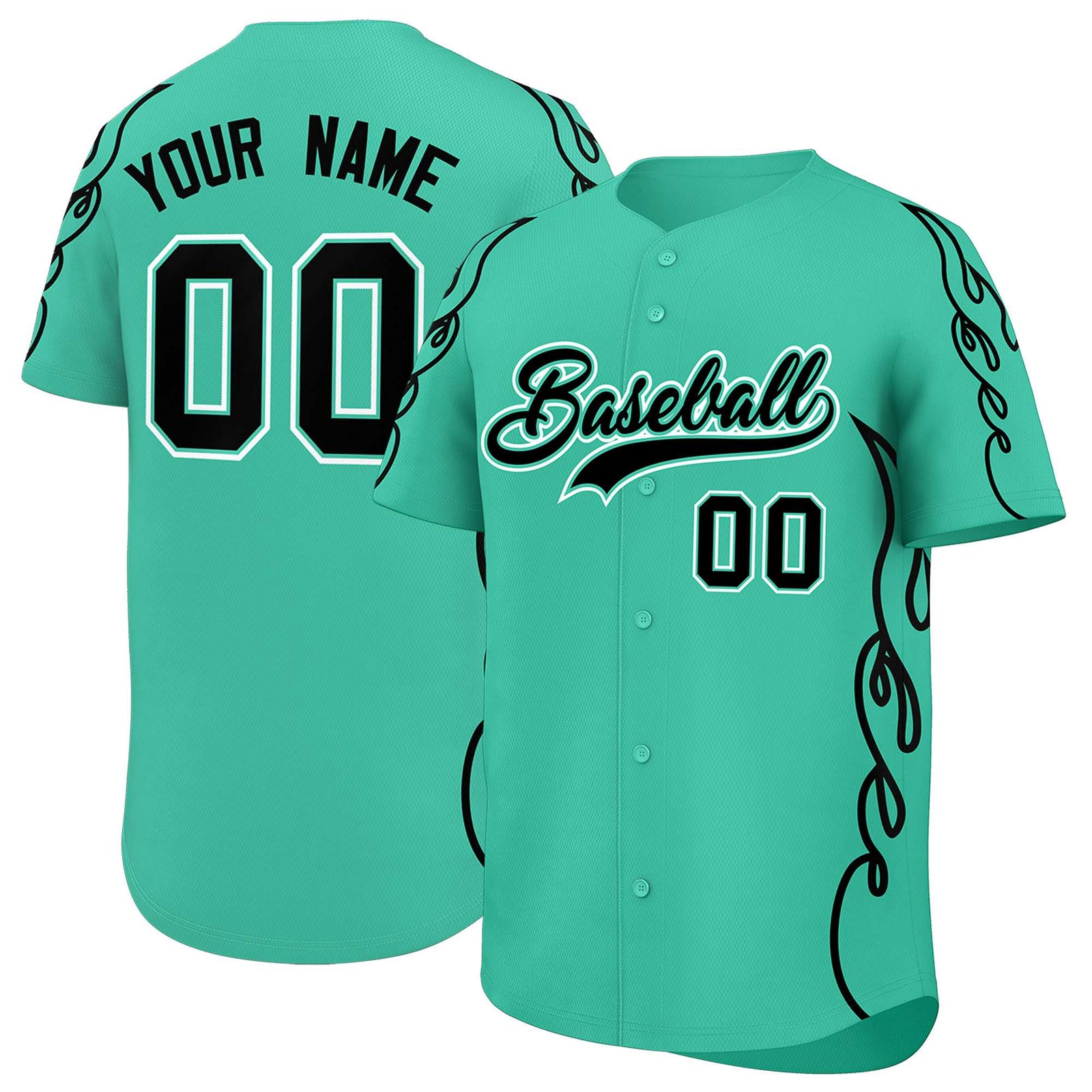 Custom Bright Green Black Side Flame Outline Pattern Sports Uniform Basetball Jersey