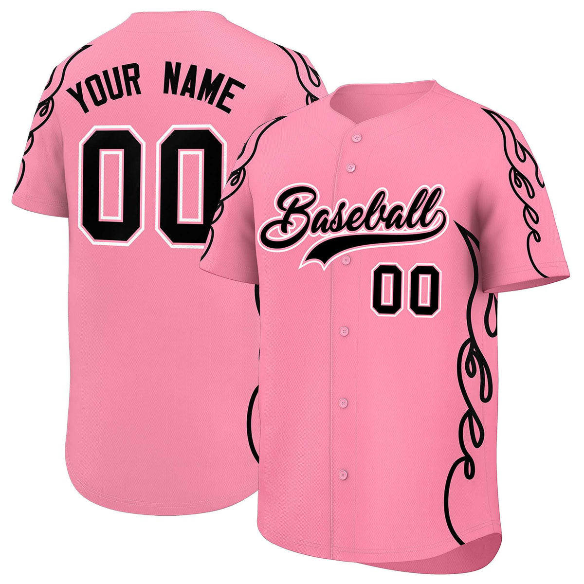 Custom Light Pink Black Side Flame Outline Pattern Sports Uniform Basetball Jersey