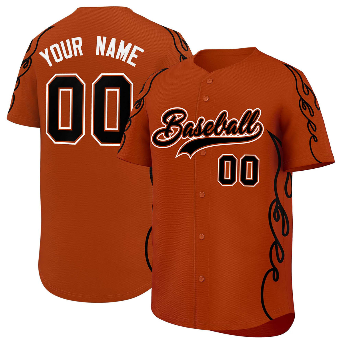 Custom Texas Orange Black Side Flame Outline Pattern Sports Uniform Basetball Jersey