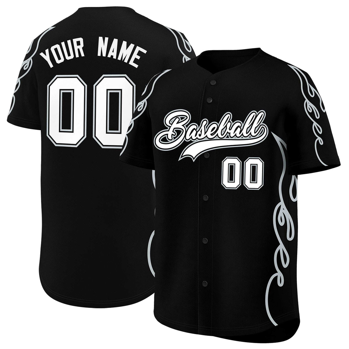 Custom Black Silver Side Flame Outline Pattern Sports Uniform Basetball Jersey