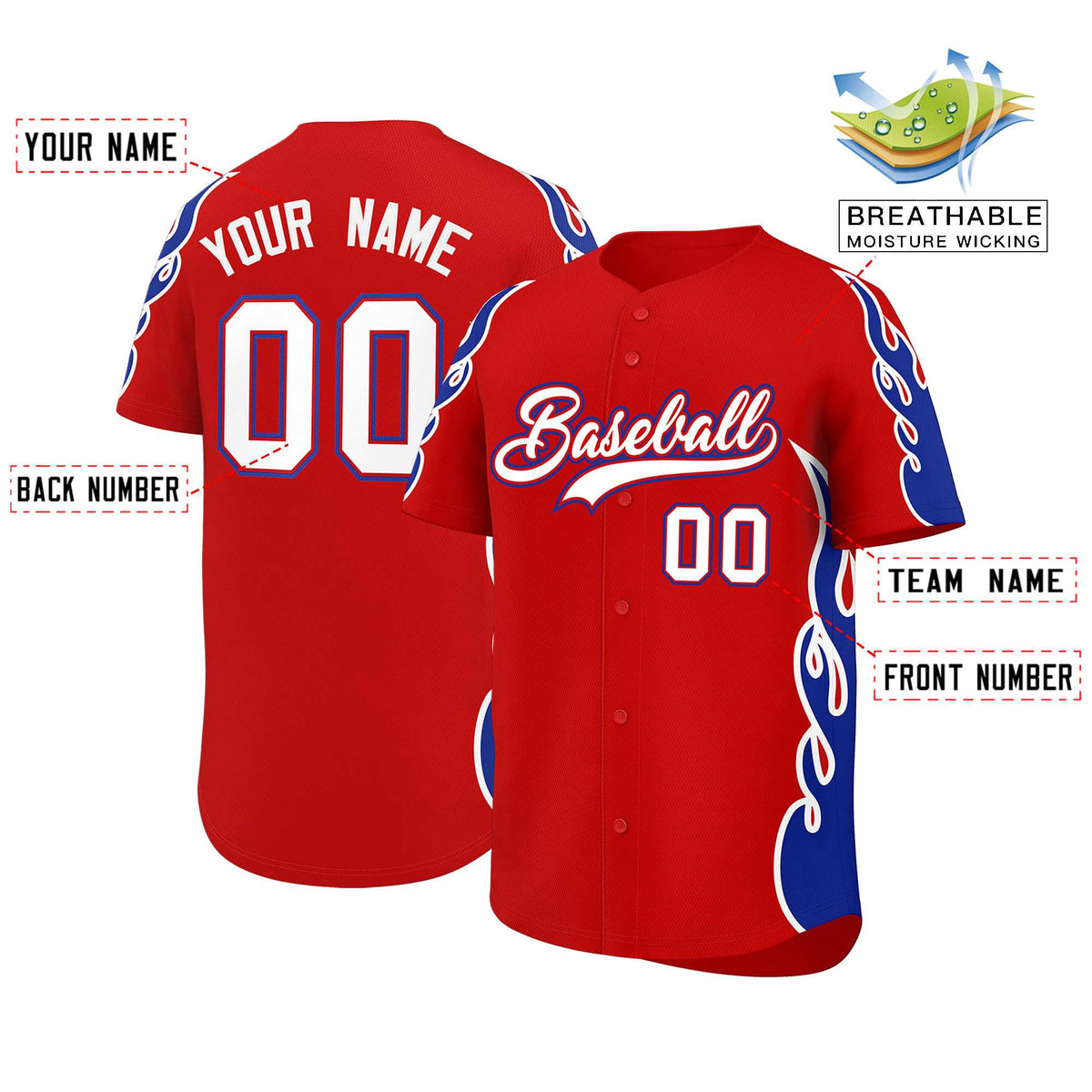 Custom Red Royal Side Flame Outline Pattern Sports Uniform Basetball Jersey