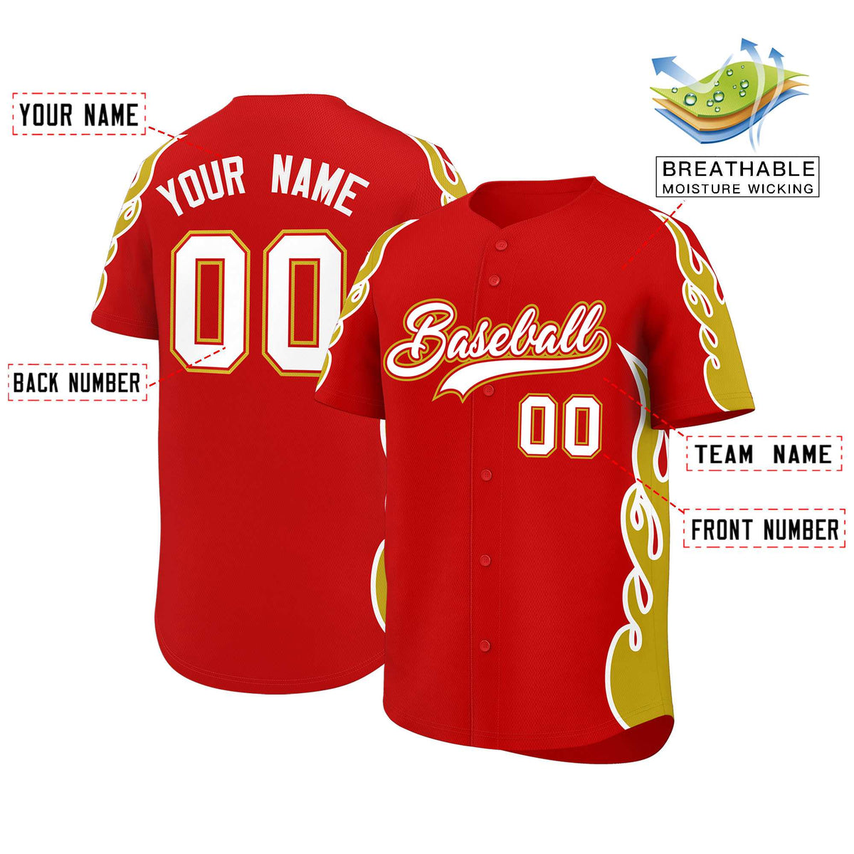 Custom Red Old Gold Side Flame Outline Pattern Sports Uniform Basetball Jersey