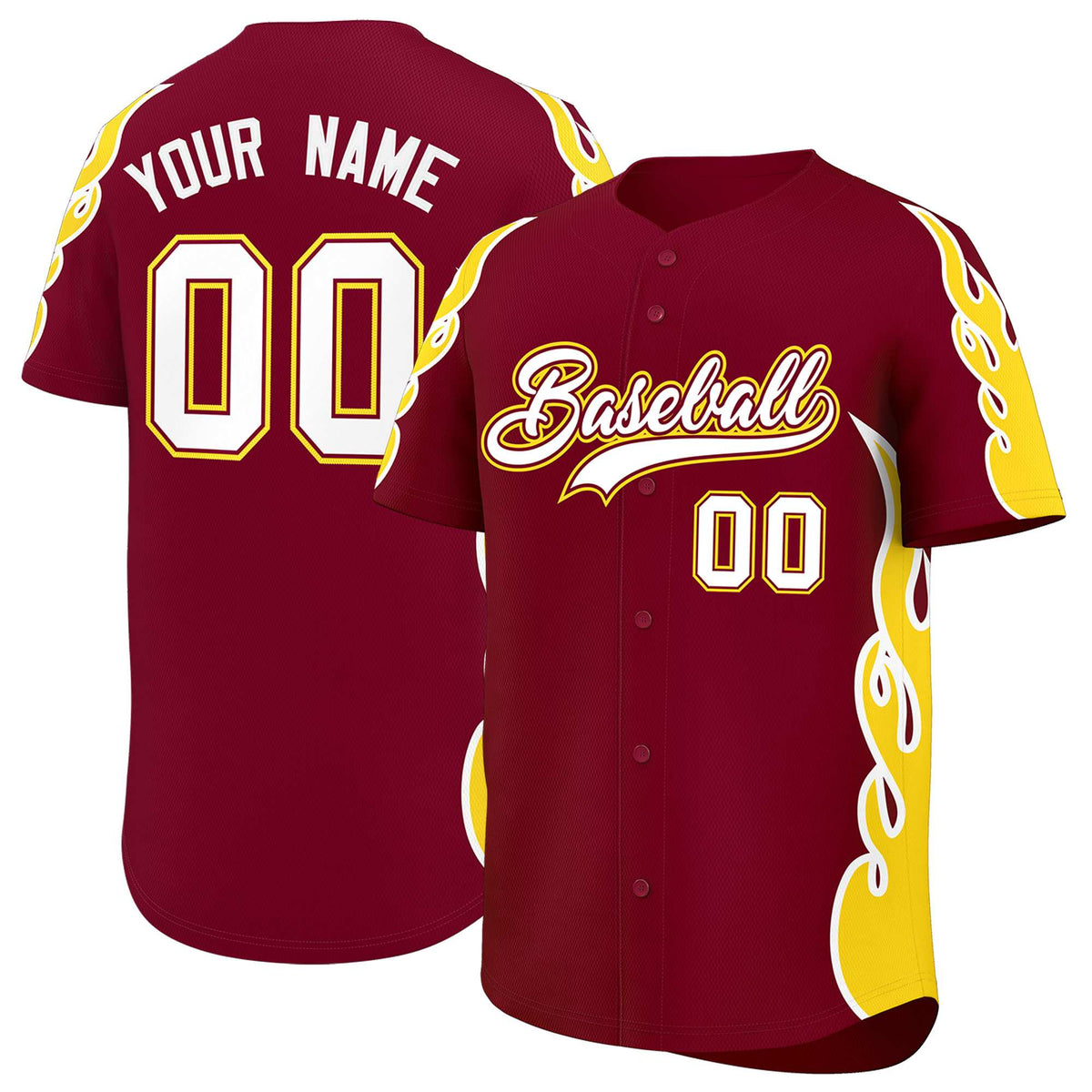 Custom Crimson Gold Side Flame Outline Pattern Sports Uniform Basetball Jersey