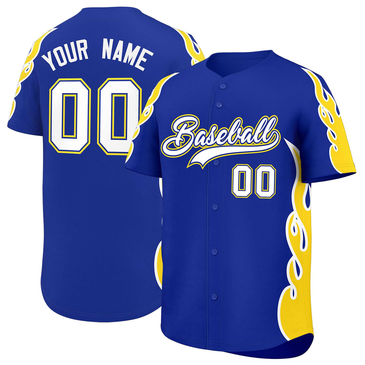Custom Royal Gold Side Flame Outline Pattern Sports Uniform Basetball Jersey