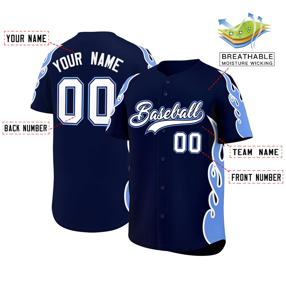 Custom Navy Light Blue Side Flame Outline Pattern Sports Uniform Basetball Jersey