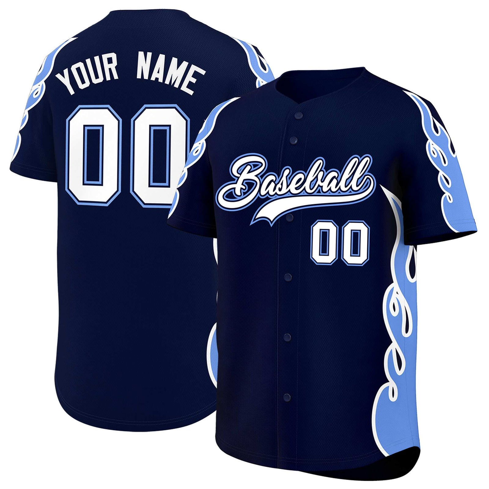 Custom Navy Light Blue Side Flame Outline Pattern Sports Uniform Basetball Jersey