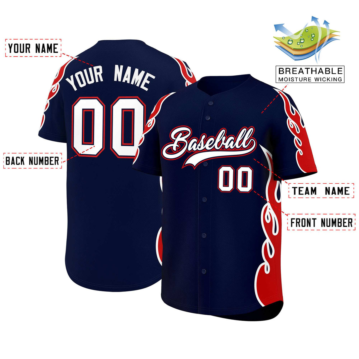Custom Navy Red Side Flame Outline Pattern Sports Uniform Basetball Jersey