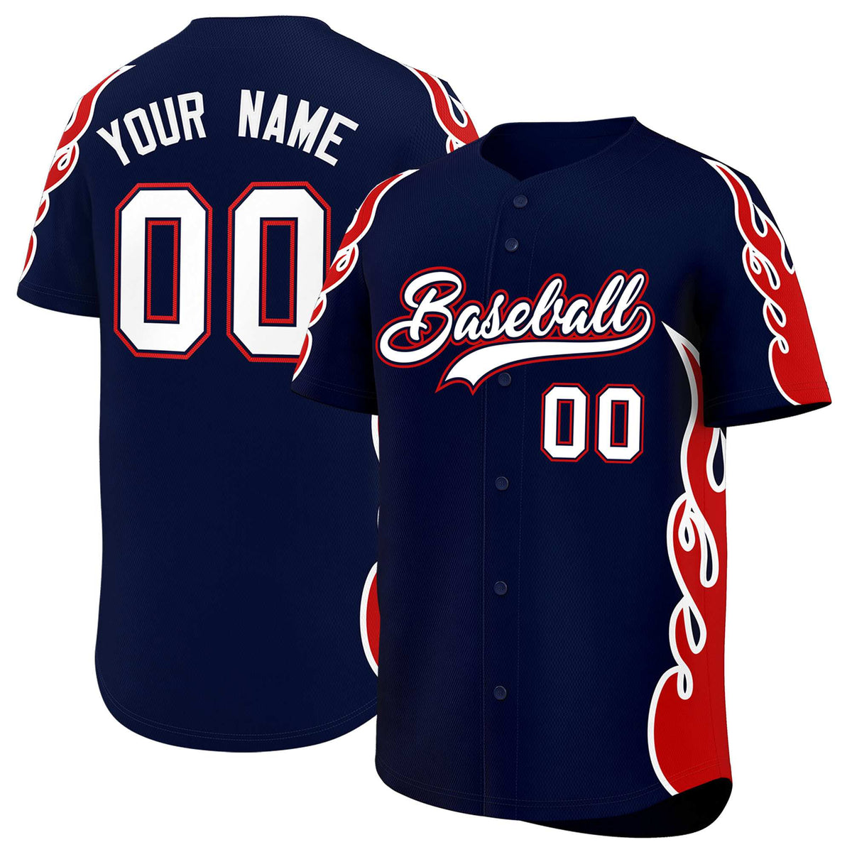 Custom Navy Red Side Flame Outline Pattern Sports Uniform Basetball Jersey