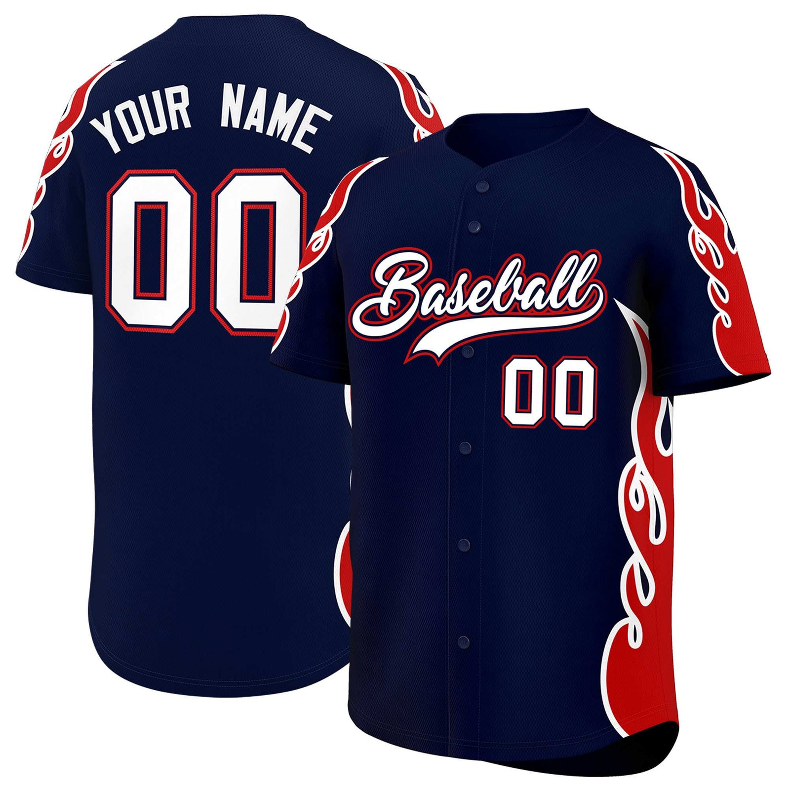 Custom Navy Red Side Flame Outline Pattern Sports Uniform Basetball Jersey