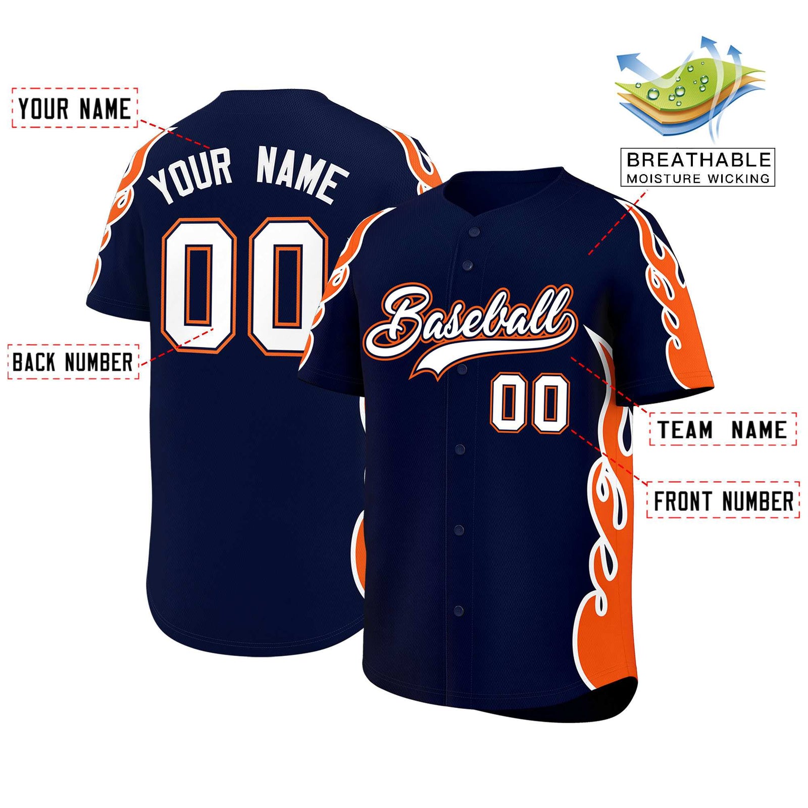 Custom Navy Orange Side Flame Outline Pattern Sports Uniform Basetball Jersey