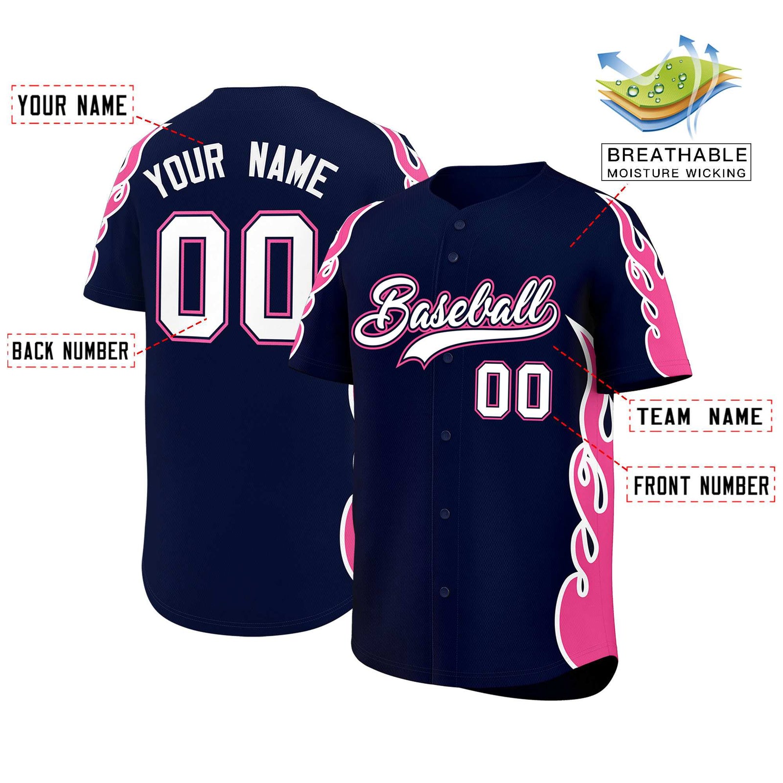 Custom Navy Pink Side Flame Outline Pattern Sports Uniform Basetball Jersey