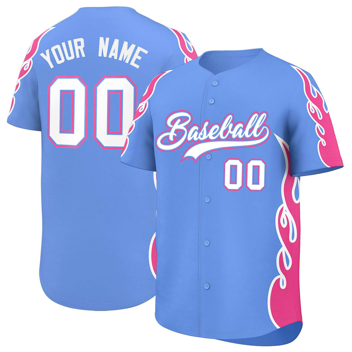 Custom Light Blue Pink Side Flame Outline Pattern Sports Uniform Basetball Jersey