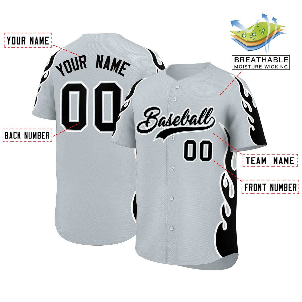 Custom Silver Black Side Flame Outline Pattern Sports Uniform Basetball Jersey