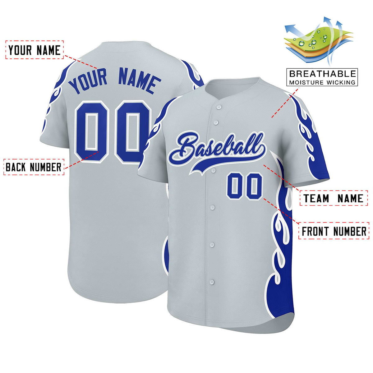Custom Silver Royal Side Flame Outline Pattern Sports Uniform Basetball Jersey