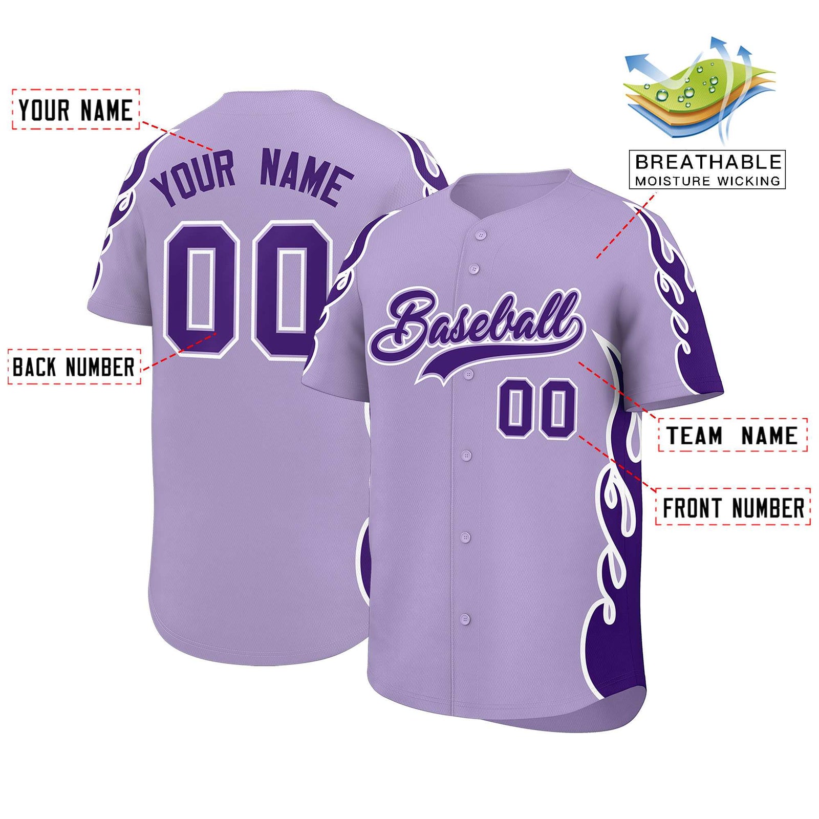 Custom Light Purple Purple Side Flame Outline Pattern Sports Uniform Basetball Jersey