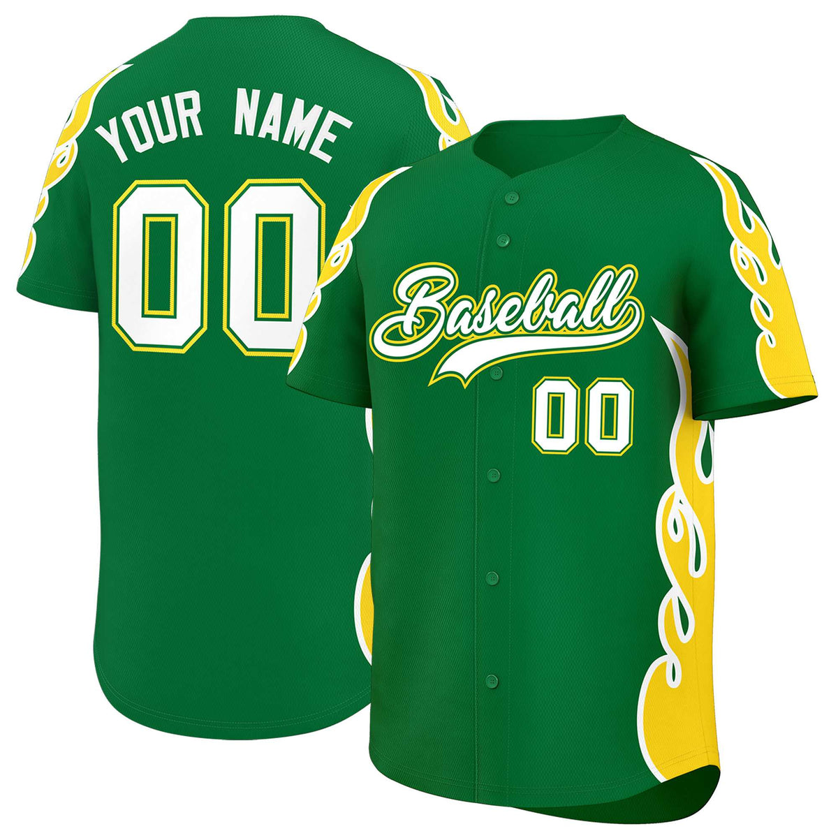 Custom Kelly Green Gold Side Flame Outline Pattern Sports Uniform Basetball Jersey