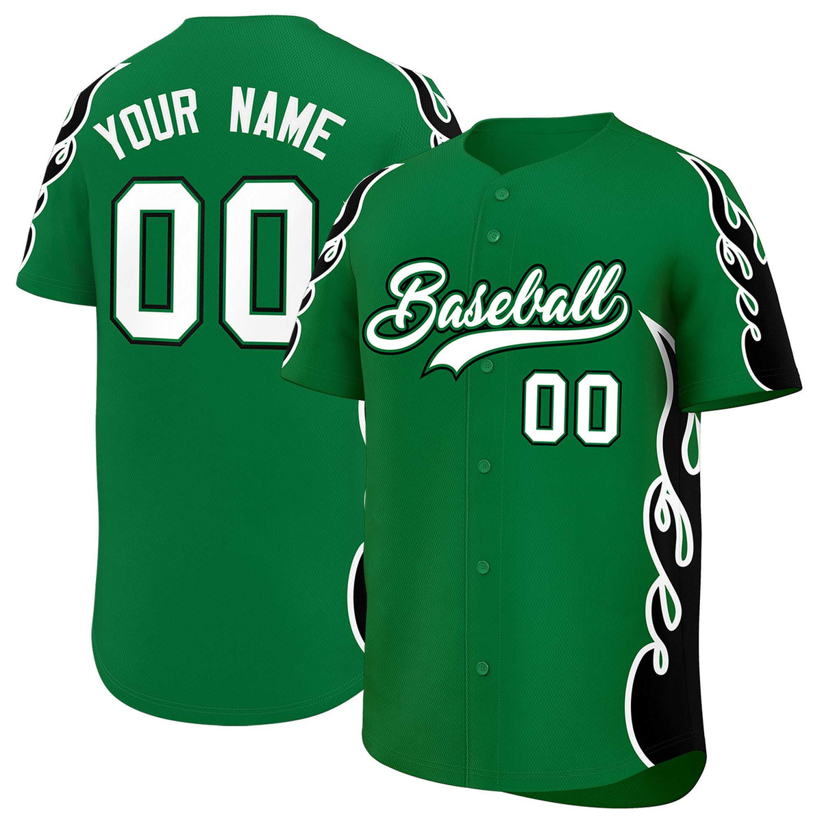 Custom Kelly Green Black Side Flame Outline Pattern Sports Uniform Basetball Jersey