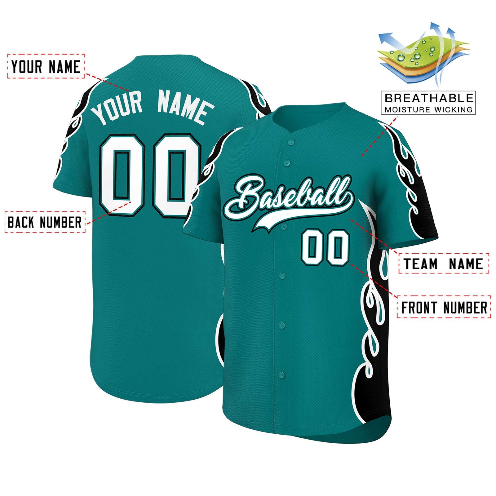 Custom Teal Black Side Flame Outline Pattern Sports Uniform Basetball Jersey