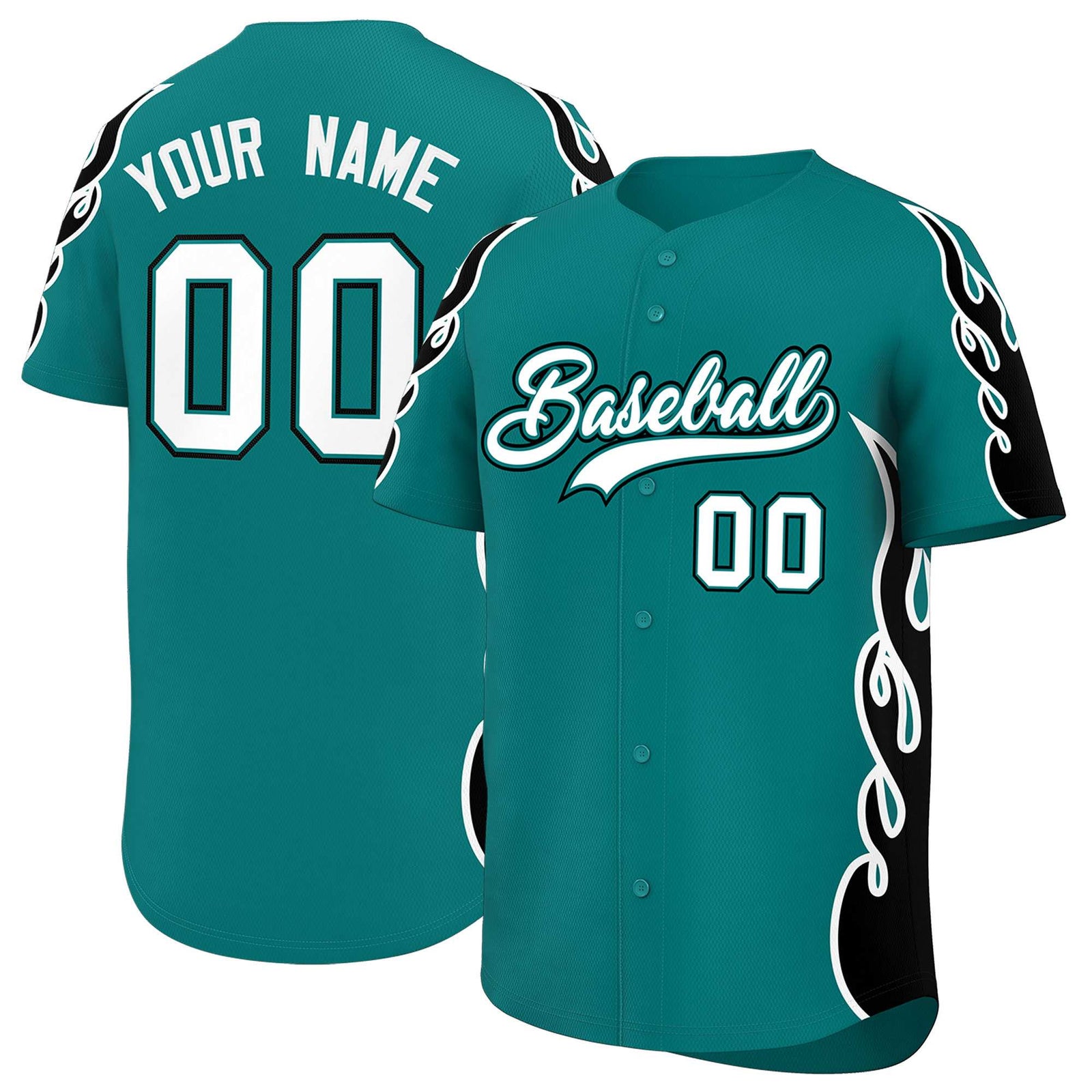 Custom Teal Black Side Flame Outline Pattern Sports Uniform Basetball Jersey