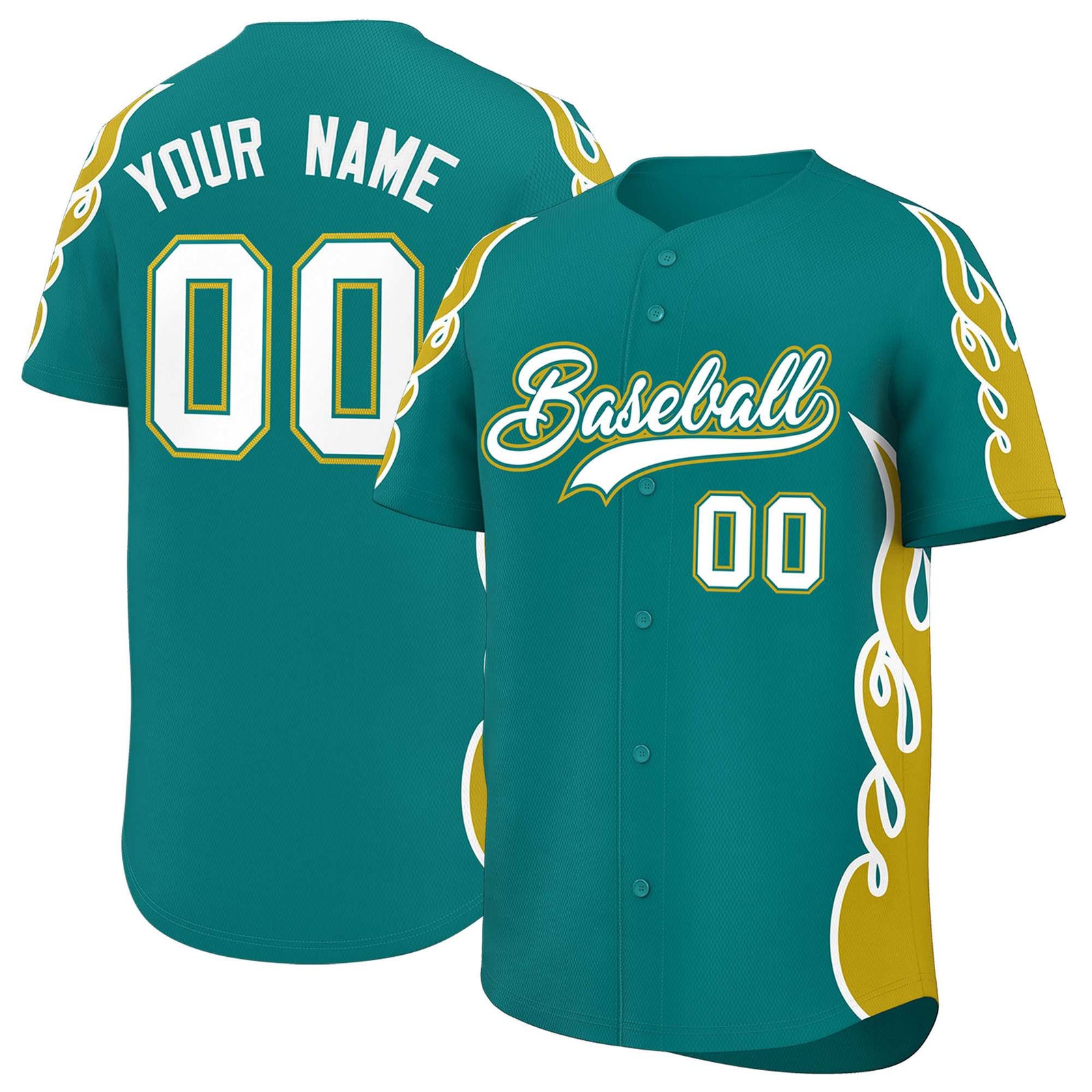 Custom Teal Old Gold Side Flame Outline Pattern Sports Uniform Basetball Jersey