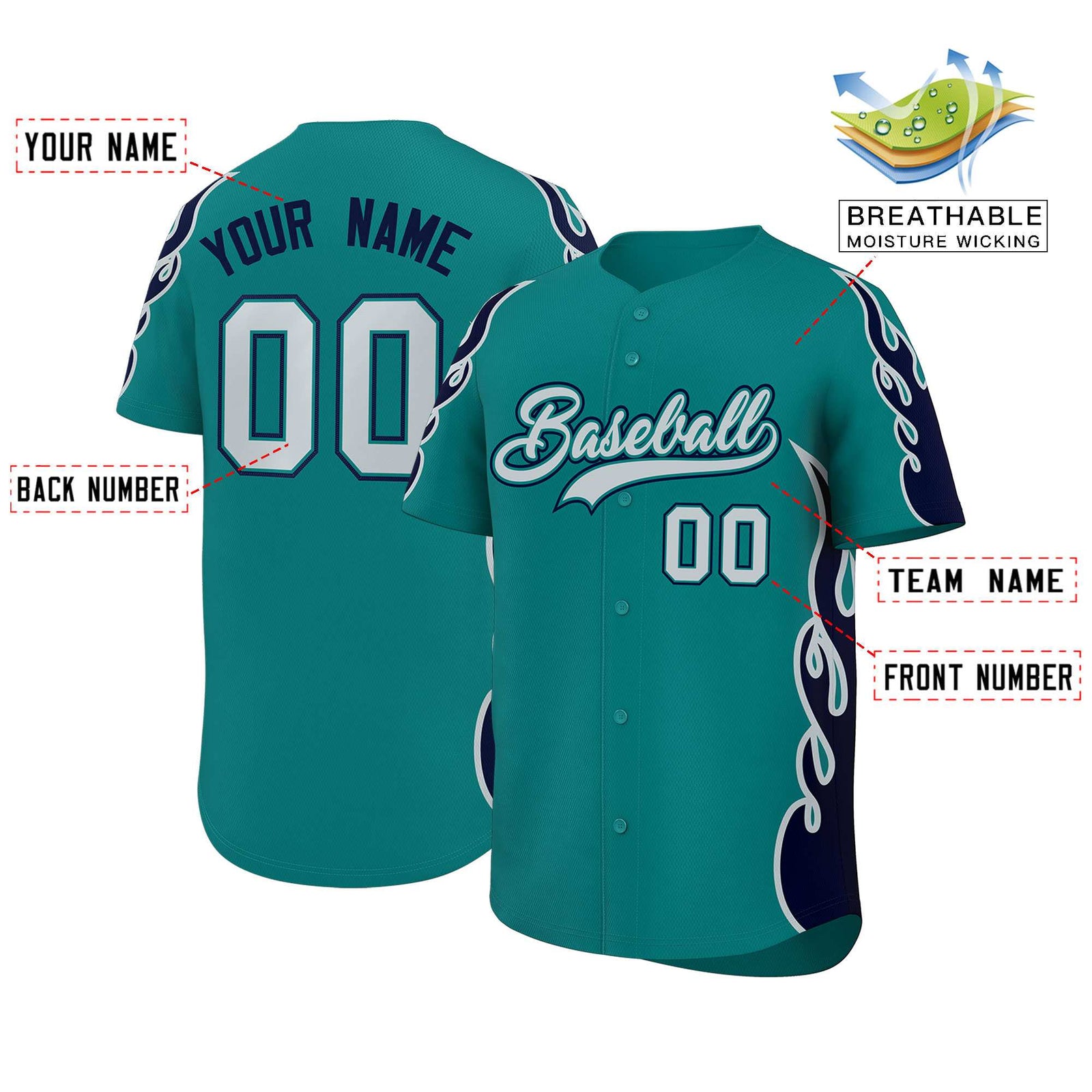 Custom Teal Navy Side Flame Outline Pattern Sports Uniform Basetball Jersey