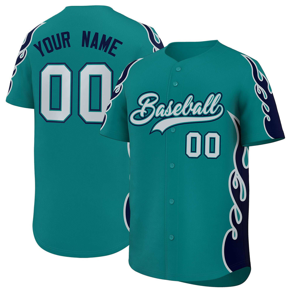 Custom Teal Navy Side Flame Outline Pattern Sports Uniform Basetball Jersey