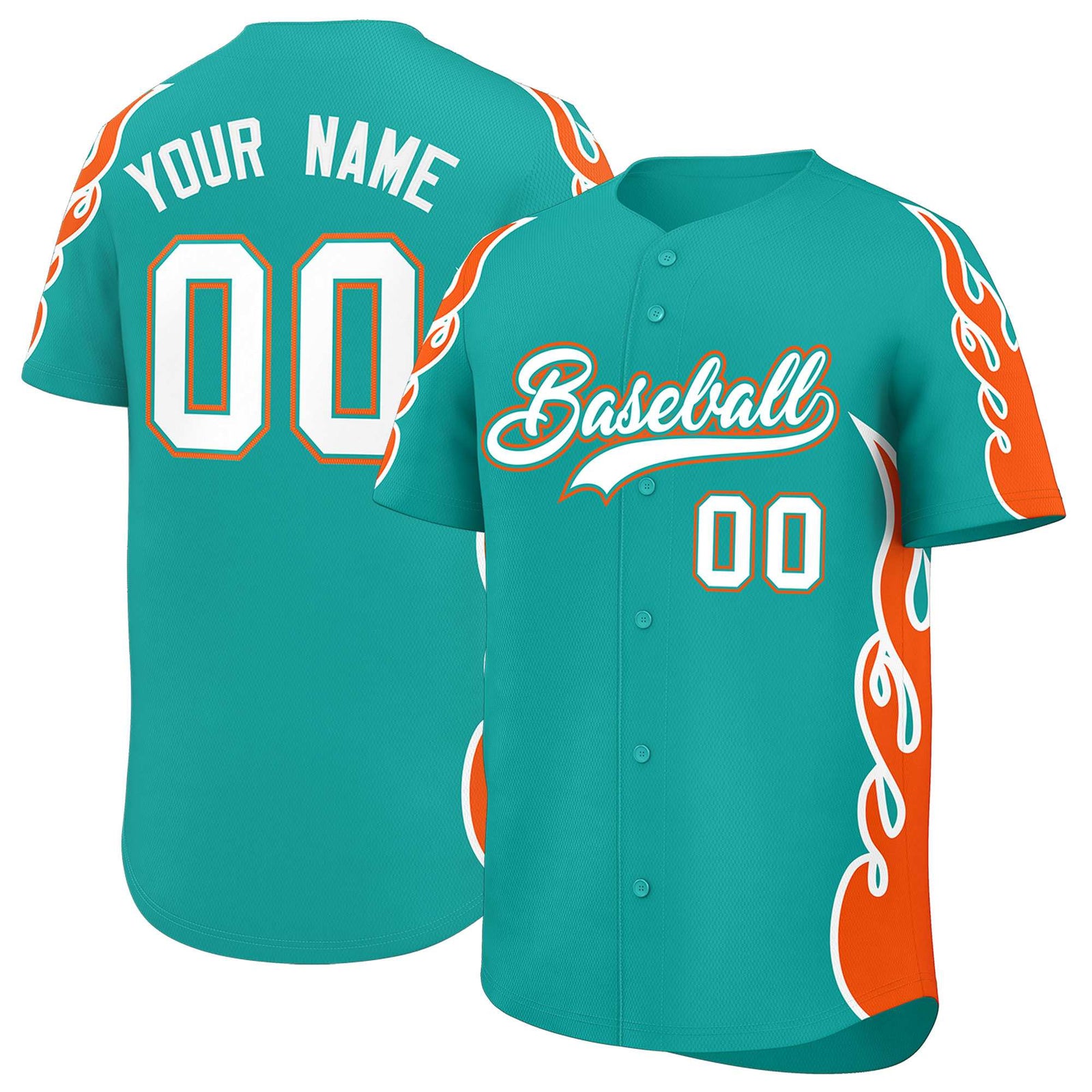 Custom Aqua Orange Side Flame Outline Pattern Sports Uniform Basetball Jersey
