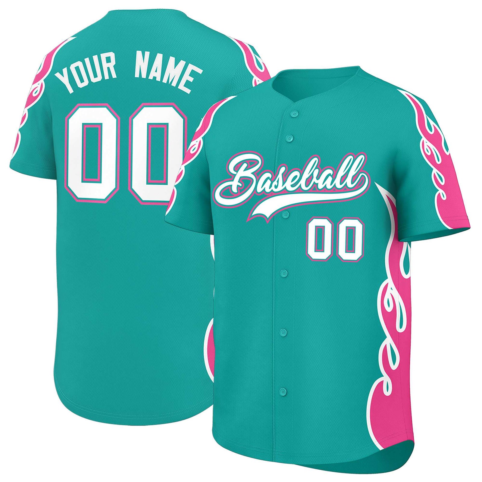Custom Aqua Pink Side Flame Outline Pattern Sports Uniform Basetball Jersey
