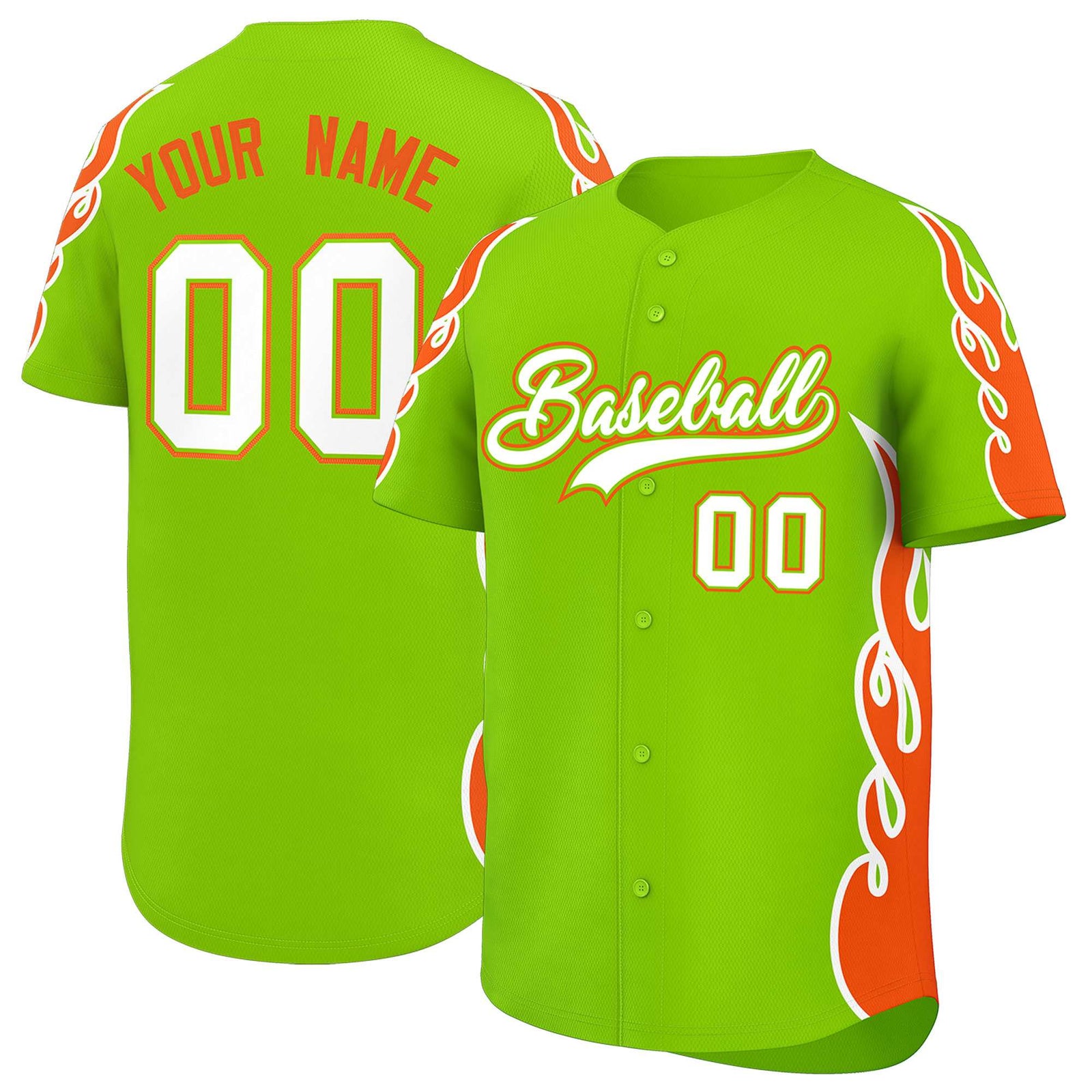 Custom Neon Green Orange Side Flame Outline Pattern Sports Uniform Basetball Jersey