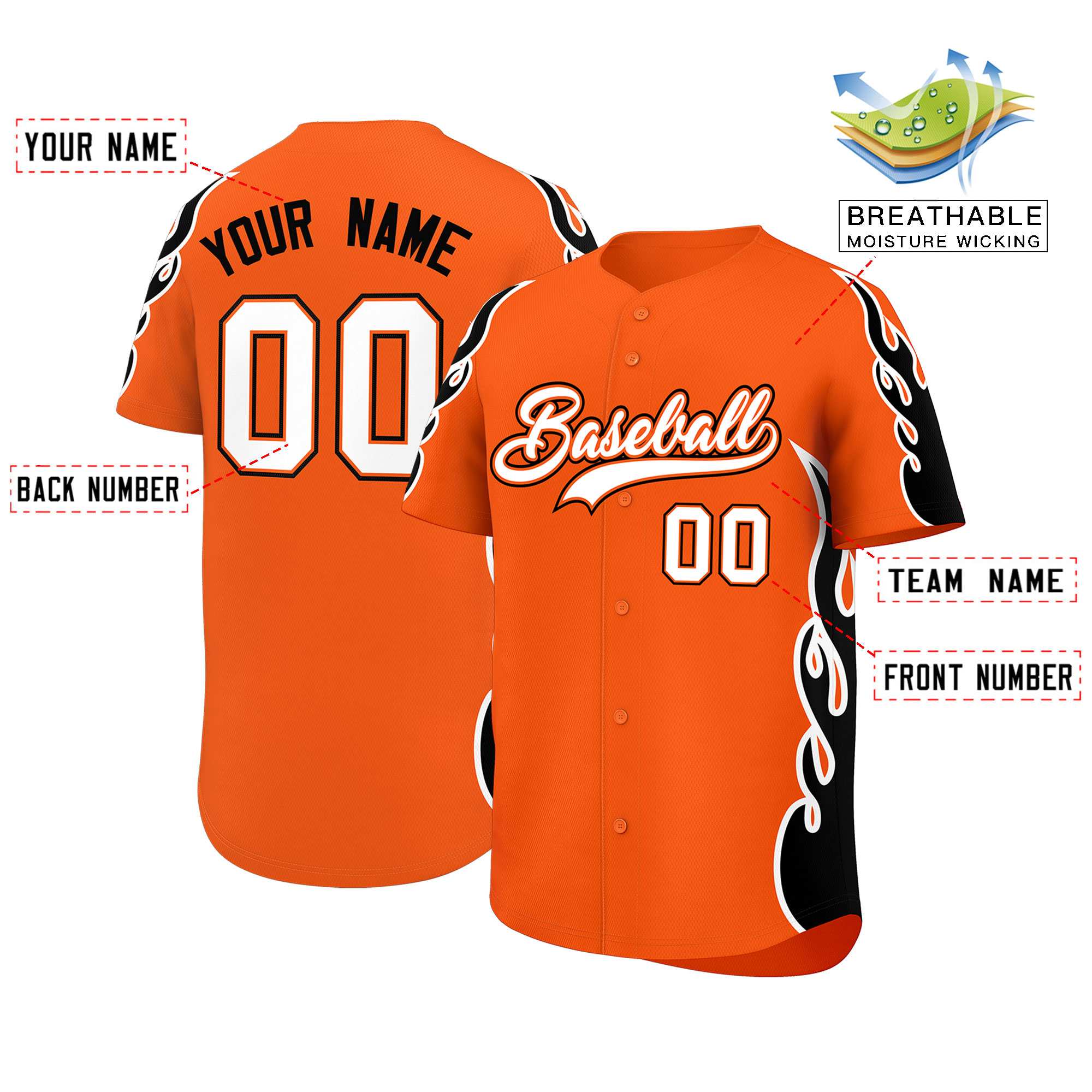 Custom Orange Black Side Flame Outline Pattern Sports Uniform Basetball Jersey