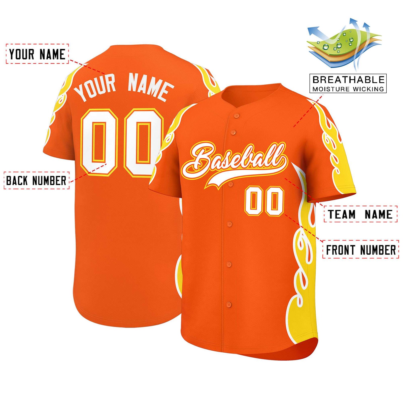 Custom Orange Gold Side Flame Outline Pattern Sports Uniform Basetball Jersey