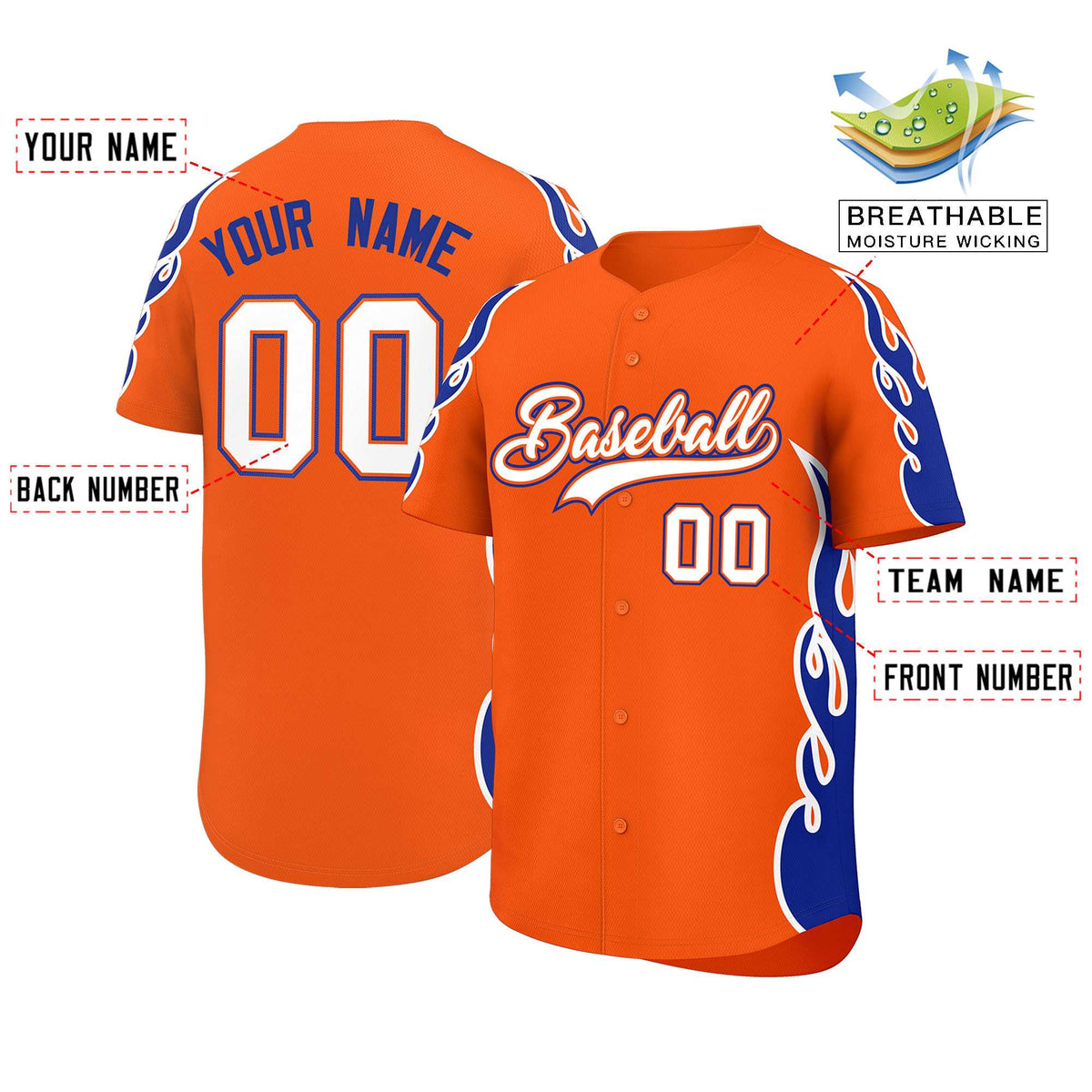 Custom Orange Royal Side Flame Outline Pattern Sports Uniform Basetball Jersey