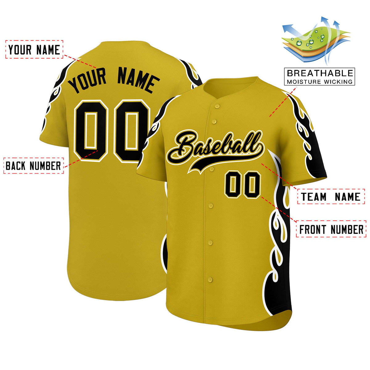 Custom Old Gold Black Side Flame Outline Pattern Sports Uniform Basetball Jersey