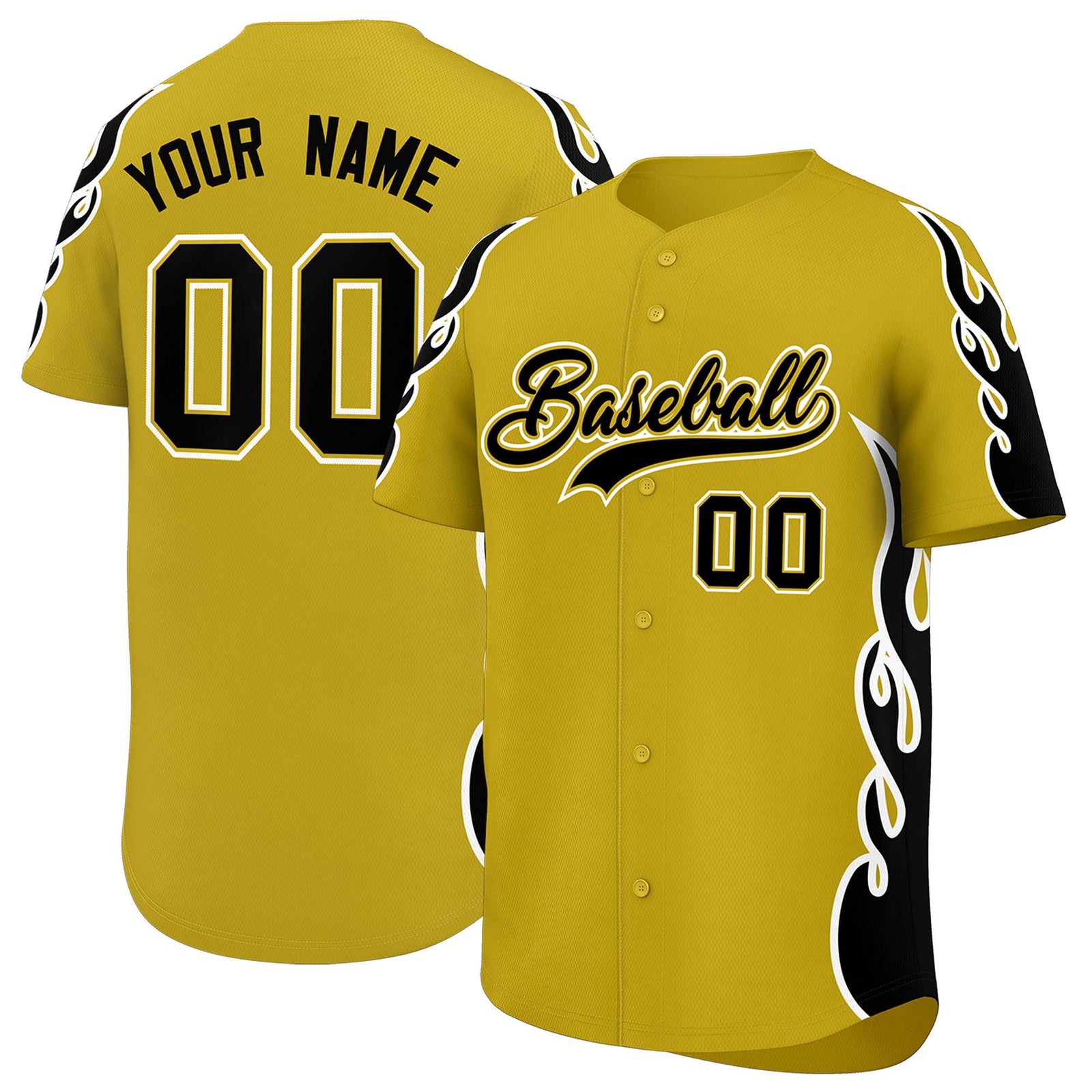 Custom Old Gold Black Side Flame Outline Pattern Sports Uniform Basetball Jersey