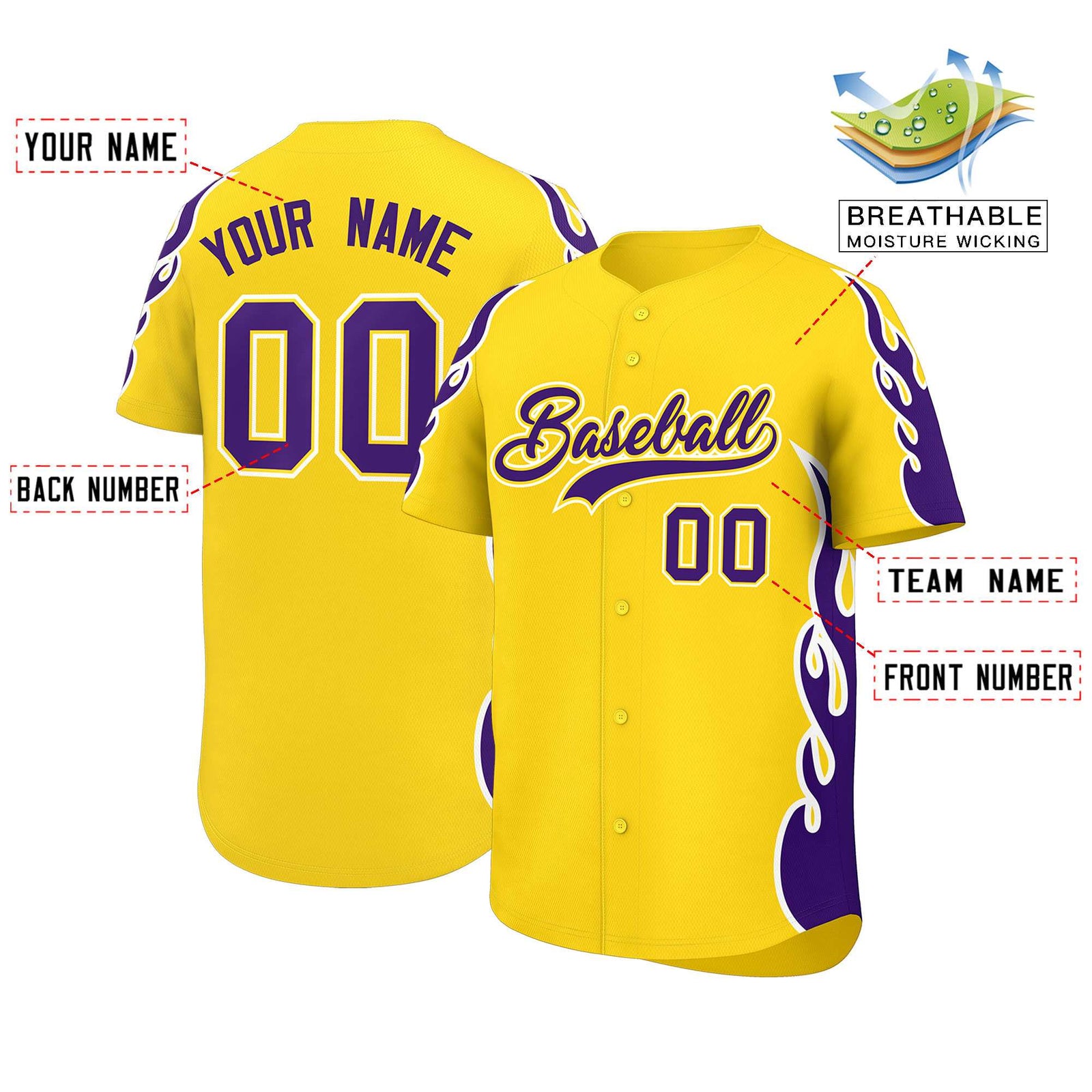 Custom Gold Purple Side Flame Outline Pattern Sports Uniform Basetball Jersey