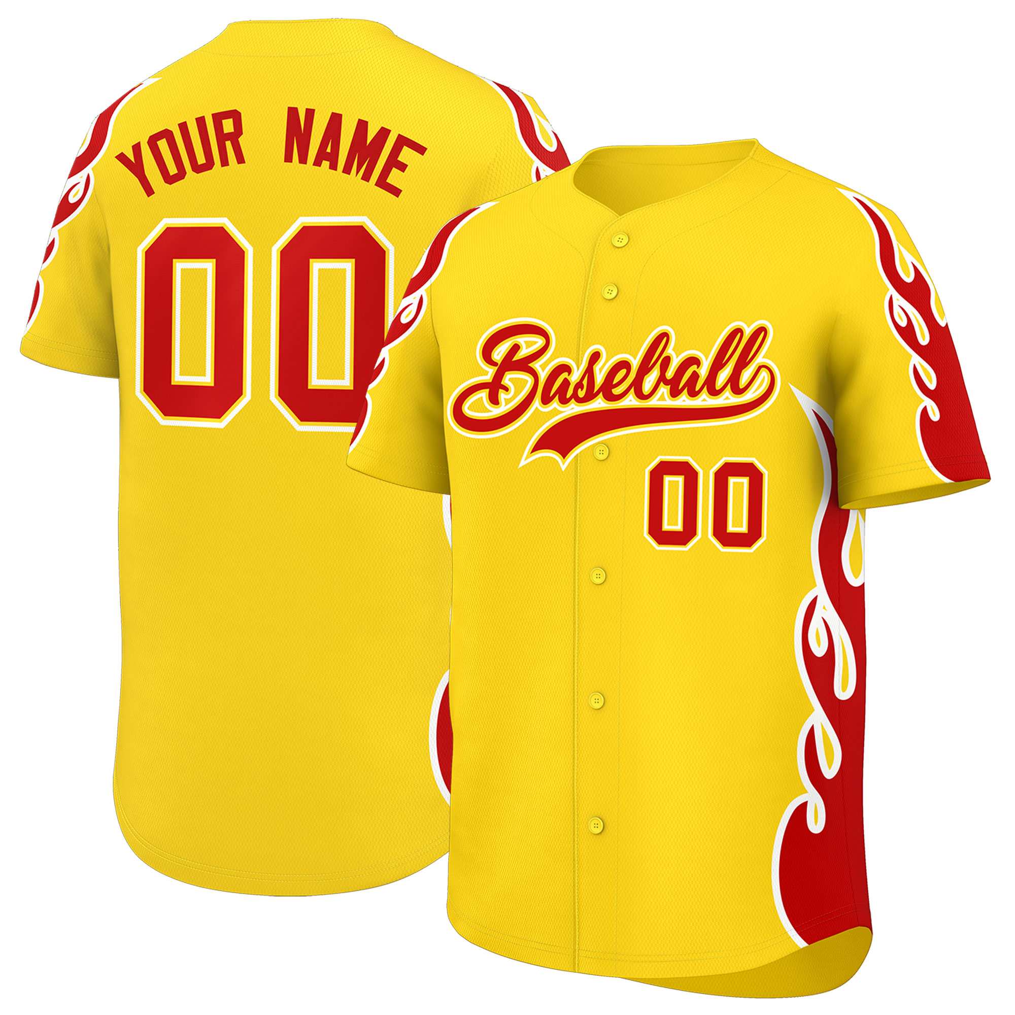 Custom Gold Red Side Flame Outline Pattern Sports Uniform Basetball Jersey