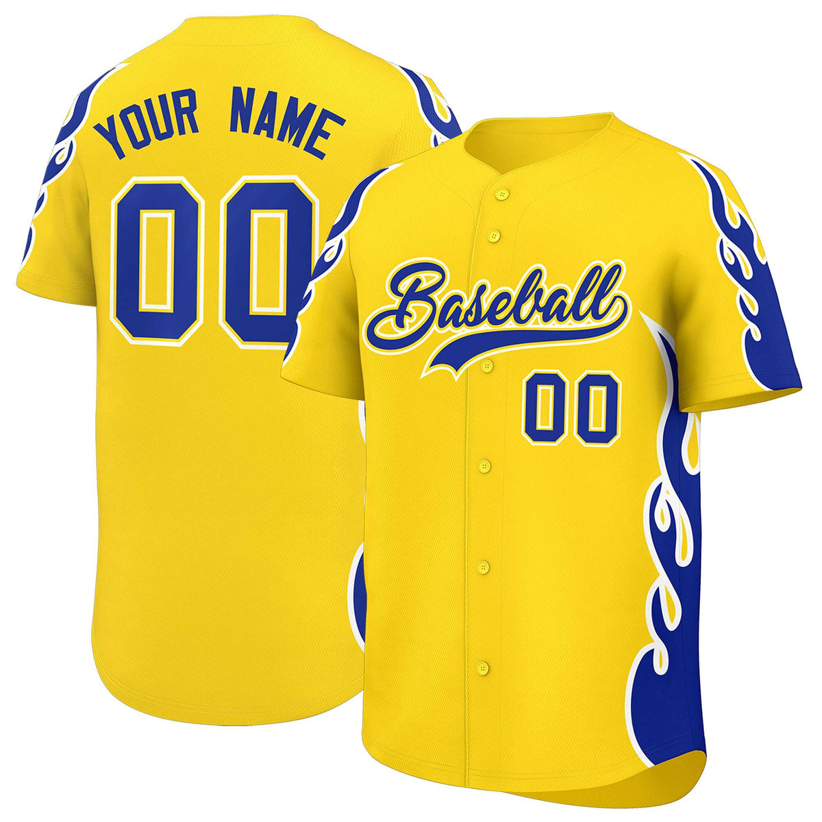 Custom Gold Royal Side Flame Outline Pattern Sports Uniform Basetball Jersey