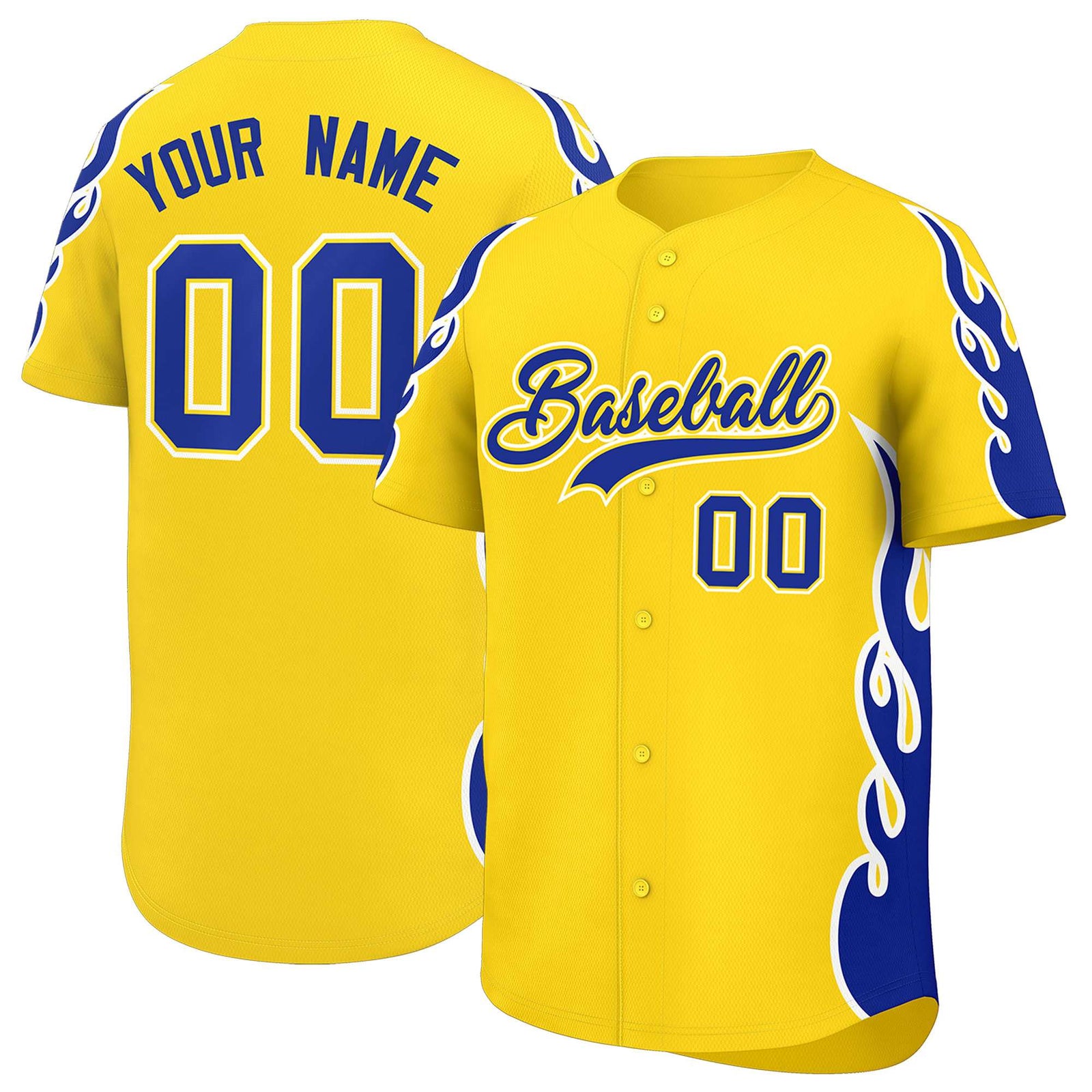Custom Gold Royal Side Flame Outline Pattern Sports Uniform Basetball Jersey
