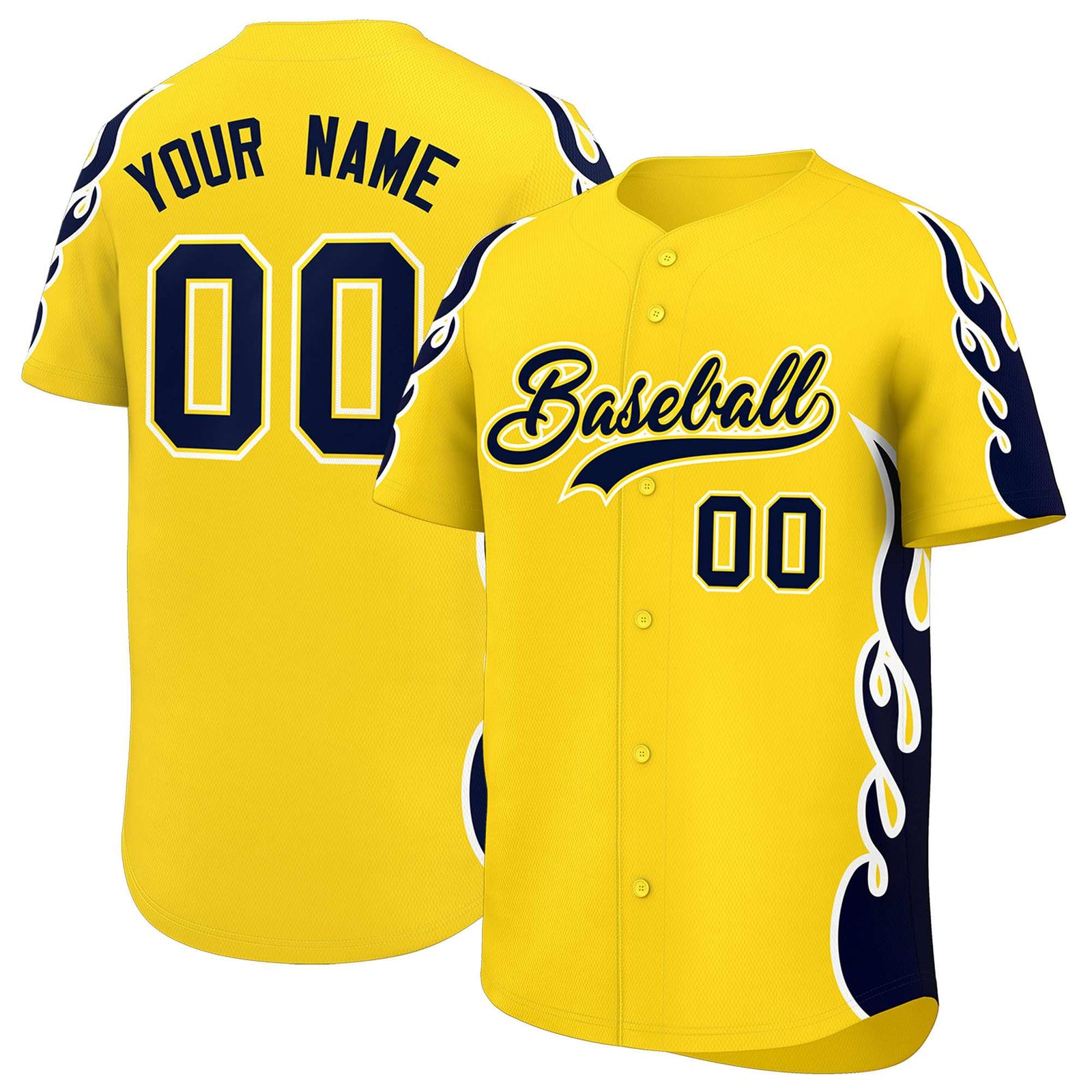 Custom Gold Navy Side Flame Outline Pattern Sports Uniform Basetball Jersey
